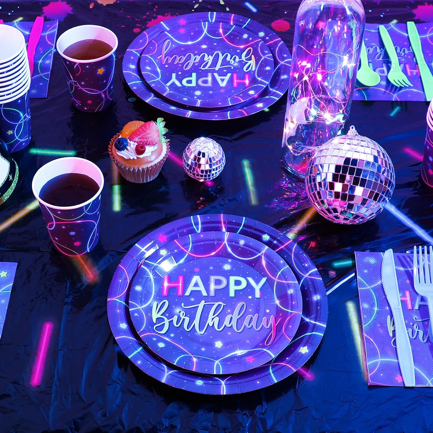 Meanplan Serves 24 Guests Neon Happy Birthday Party Plates and Napkins Neon Glow Birthday Tableware Set Let's Glow Party Decorations for Kids Included Cups Knives Forks Spoons Total 168 Pcs image 5 of 7 B0CP7HFPZH