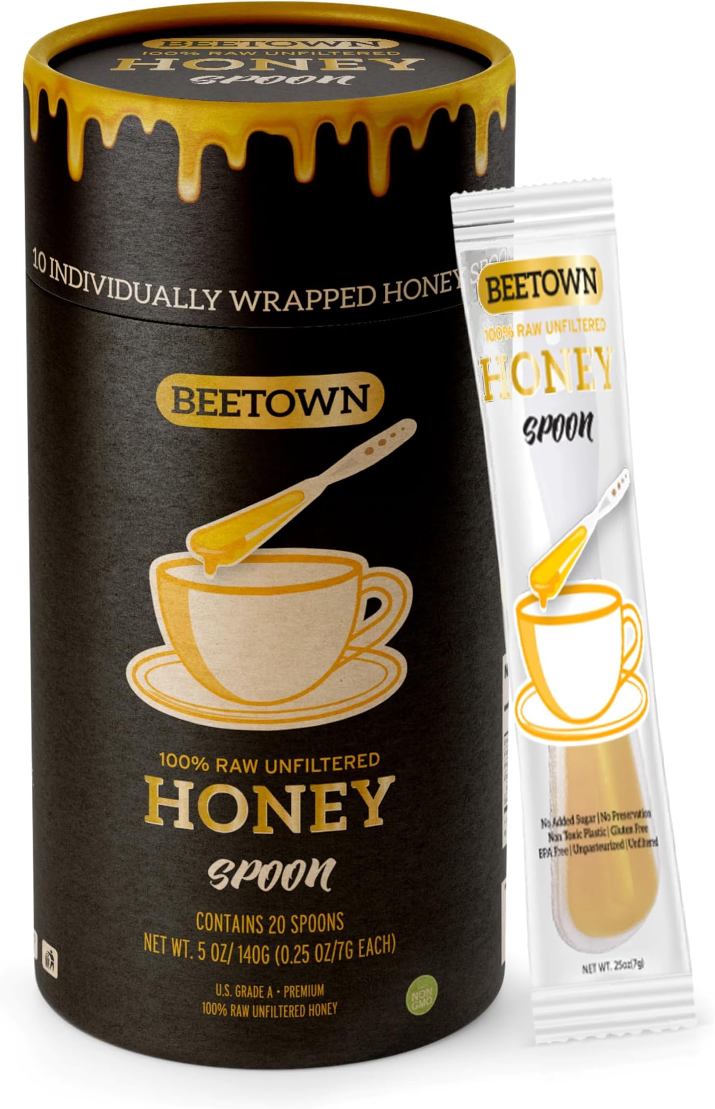 100% Raw Unfiltered Honey Spoon Stirrer 20 Pack Premium US Grade A Non-GMO Individually Wrapped And Sealed On The Go Single Serve Natural Sweetener