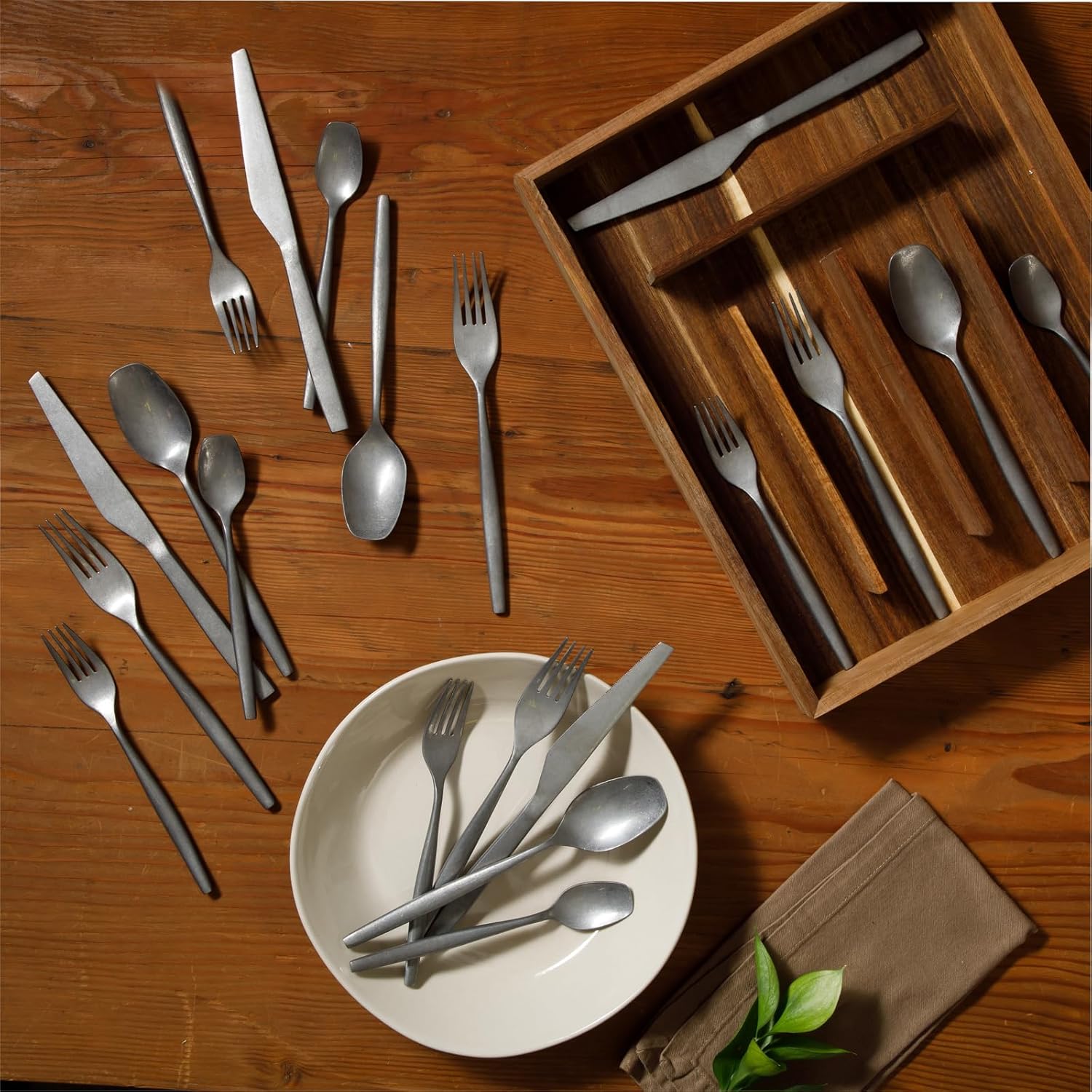 Bloomhouse - Two Time Oprah's Favorite Things Winner - 20 Piece Stone Washed Flatware 18/10 Stainless Steel Silverware Cutlery Utensil Set With Acacia Wood Caddy - Service for 4