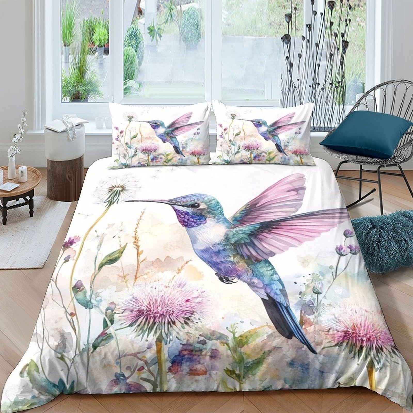 Ctjqhvkz Style-3 3D Printed Hummingbird Floral Fitted Sheet Microfiber Soft Breathable Watercolor Flower Bed Cover For Bedroom Decor Single（135X200cm）