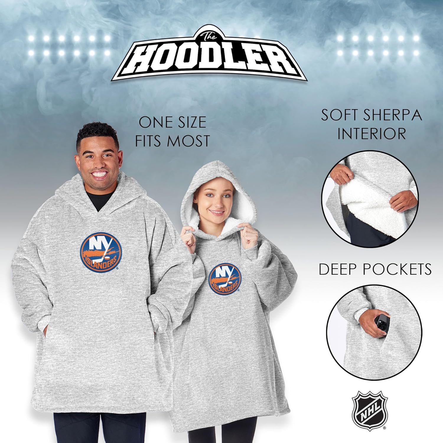 Northwest NHL New York Islanders Hoodler Oversized Sherpa Pullover, Plush Wearable Blanket Sweatshirt, Soft Fleece with Front Pocket and Logo, One Size Fits Most