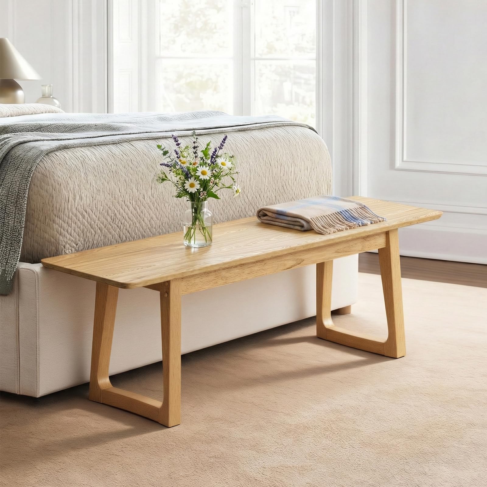 HNY Farmhouse Dining Bench, Solid Entryway Bench, 55 Inch Long Wooden Bench, Kitchen Dining Seat for Entryway/Dining Room/Kitchen/Living Room, Oak