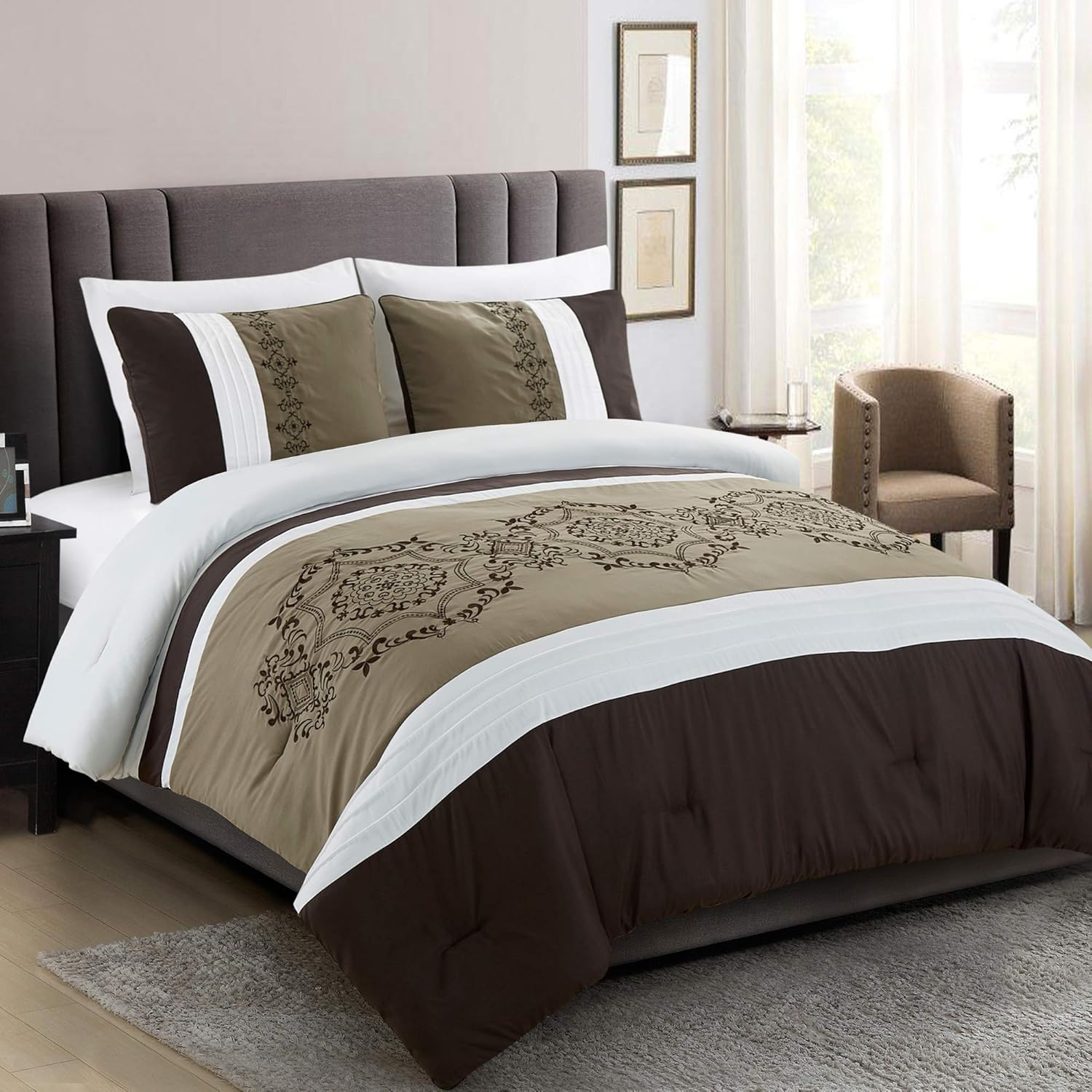 3 Pieces Bedding Ensemble Brown Taupe Victorian Print Luxury Embroidery Comforter Set King Size Bedding-Elizabeth (King) : Home & Kitchen