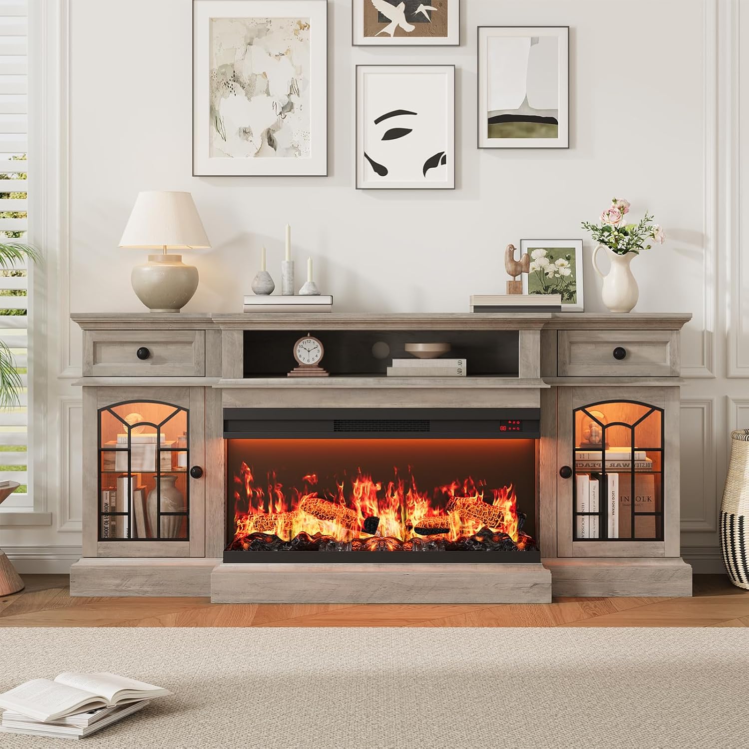 QUW 70" Farmhouse Fireplace TV Stand for TVs up to 80", Entertainment Center with 36" 3-Side Glass Electric Fireplace with Open Shelf and Cabinet, TV Console for Living Room, Grey - Image 2