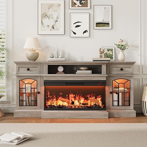 Miniatura 2 de QUW Soporte de TV con chimenea de 70 pulgadas para televisores de hasta 80 pulgadas, centro de entretenimiento con chimenea eléctrica de vidrio de