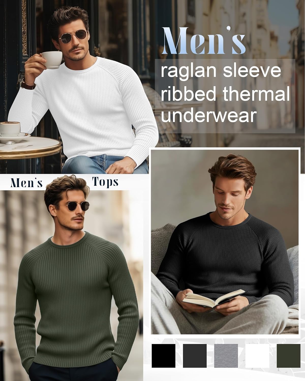 5 Pack Men's Cotton Thermal Shirts Long Sleeve Ribbed Crewneck Tops Slim Fit Underwear Winter Base Layer Multipack