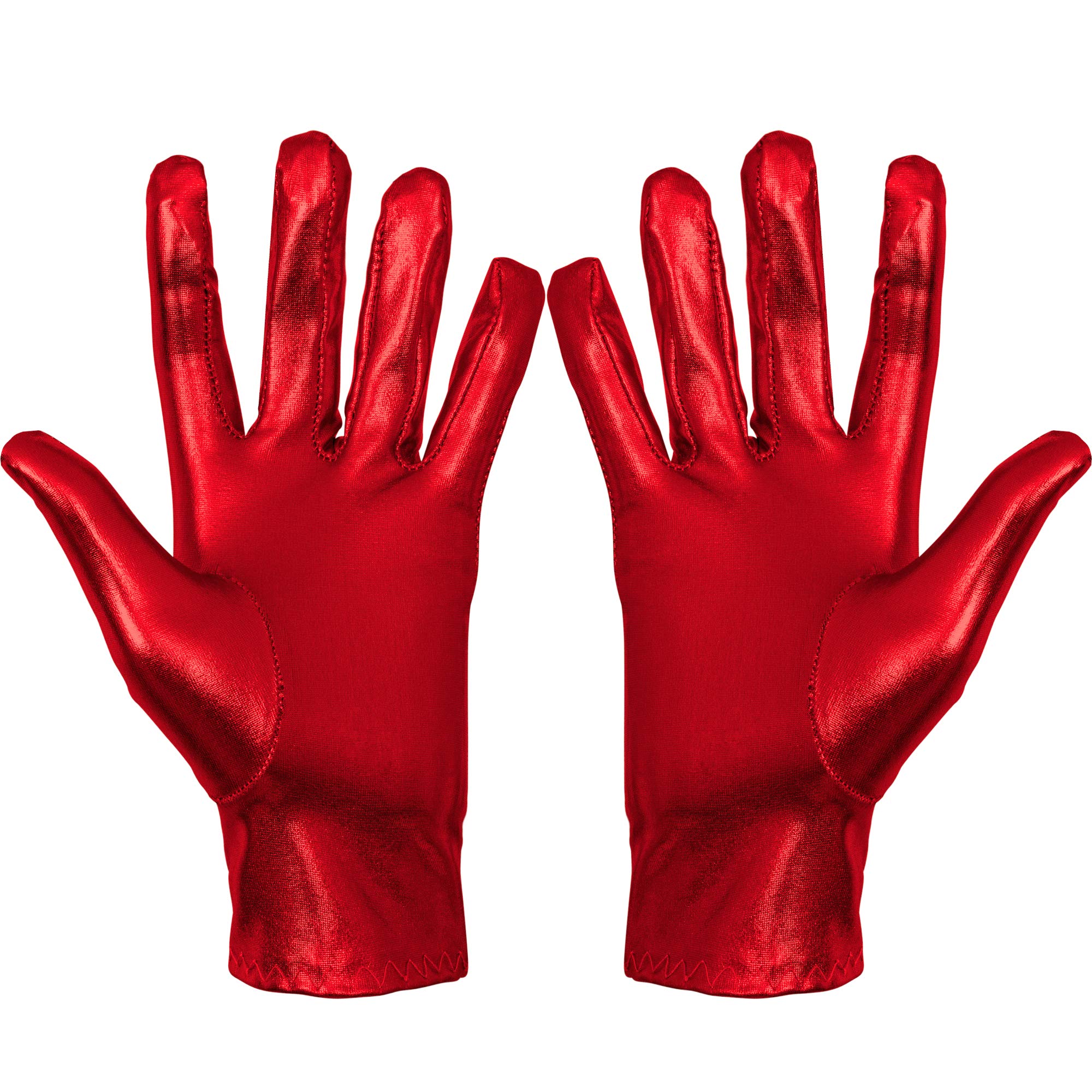 Metallic Red Costume Gloves - Shiny Red Superhero Evening Stretch Dress Glove Set for Men, Women and Kids