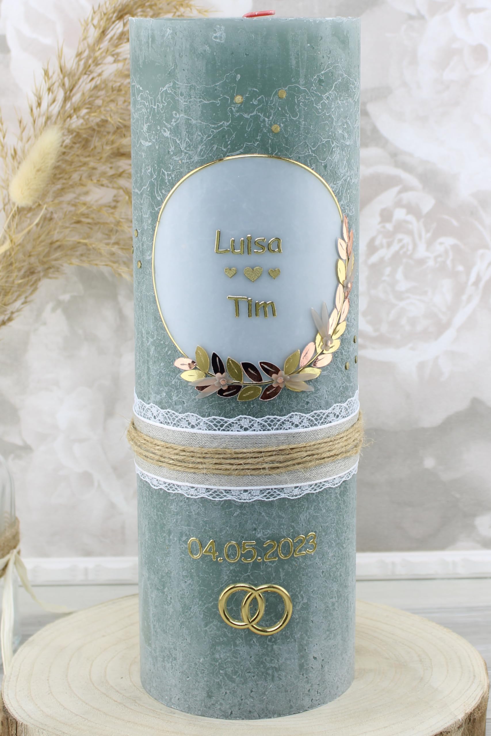 Hochzeitskerze Rustik Luisa und Tim mit Name und Datum, individuell und handverziert 2130