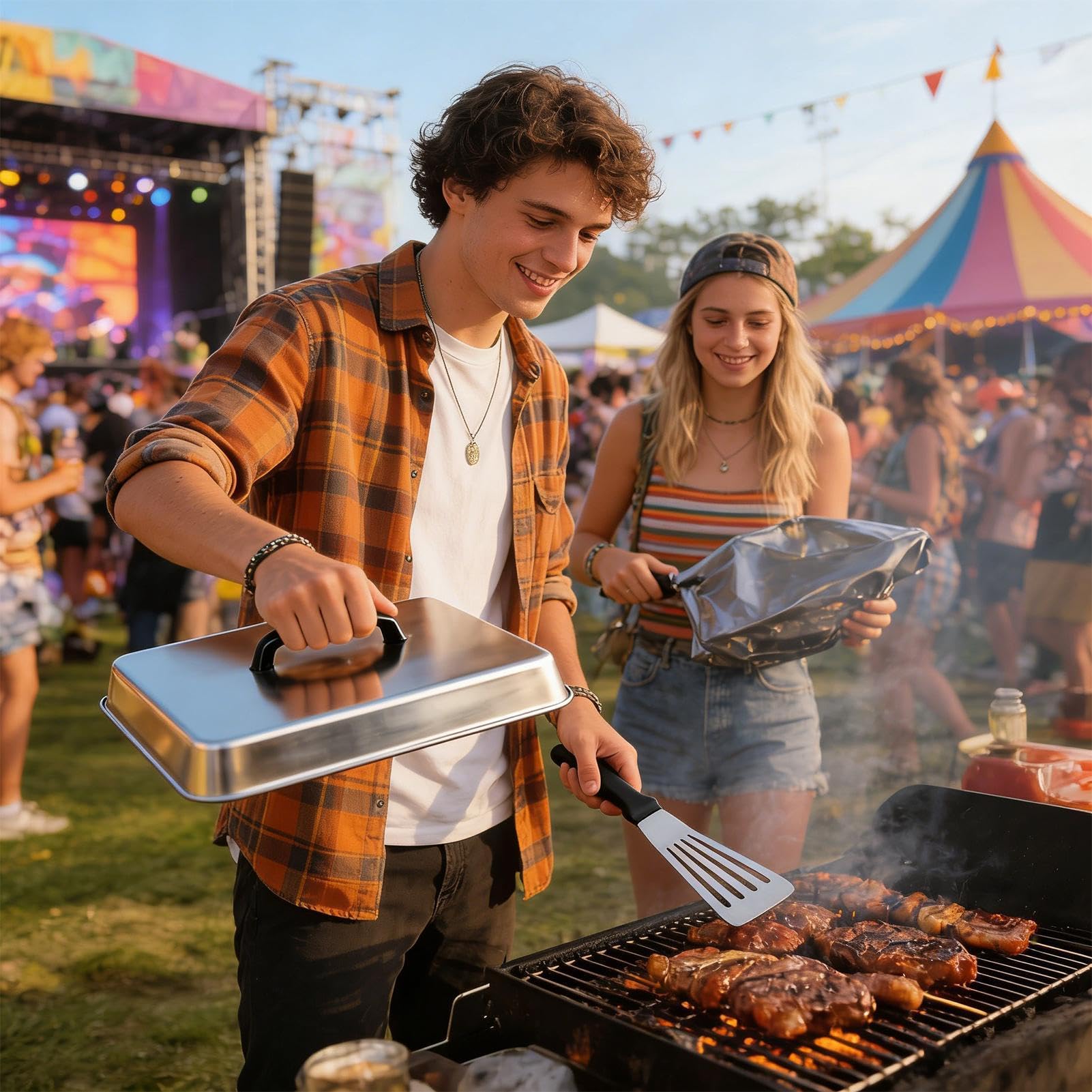 Grilldeckel in rechteckiger Form, Fleischpresse und Spatel