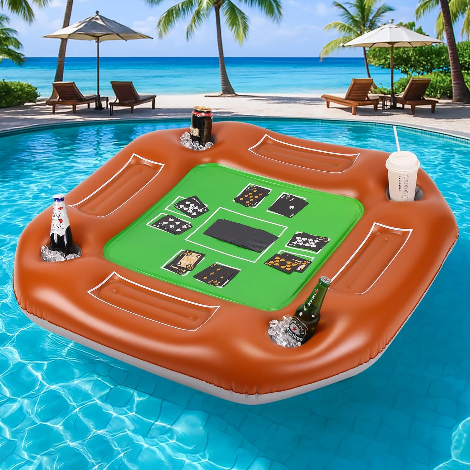 Floating Pool Game Table Double-Sided Design Poker-Style Top Drink Snack Tray, Durable PVC 39.3” for Pool Party Hot Tub Beach Gathering