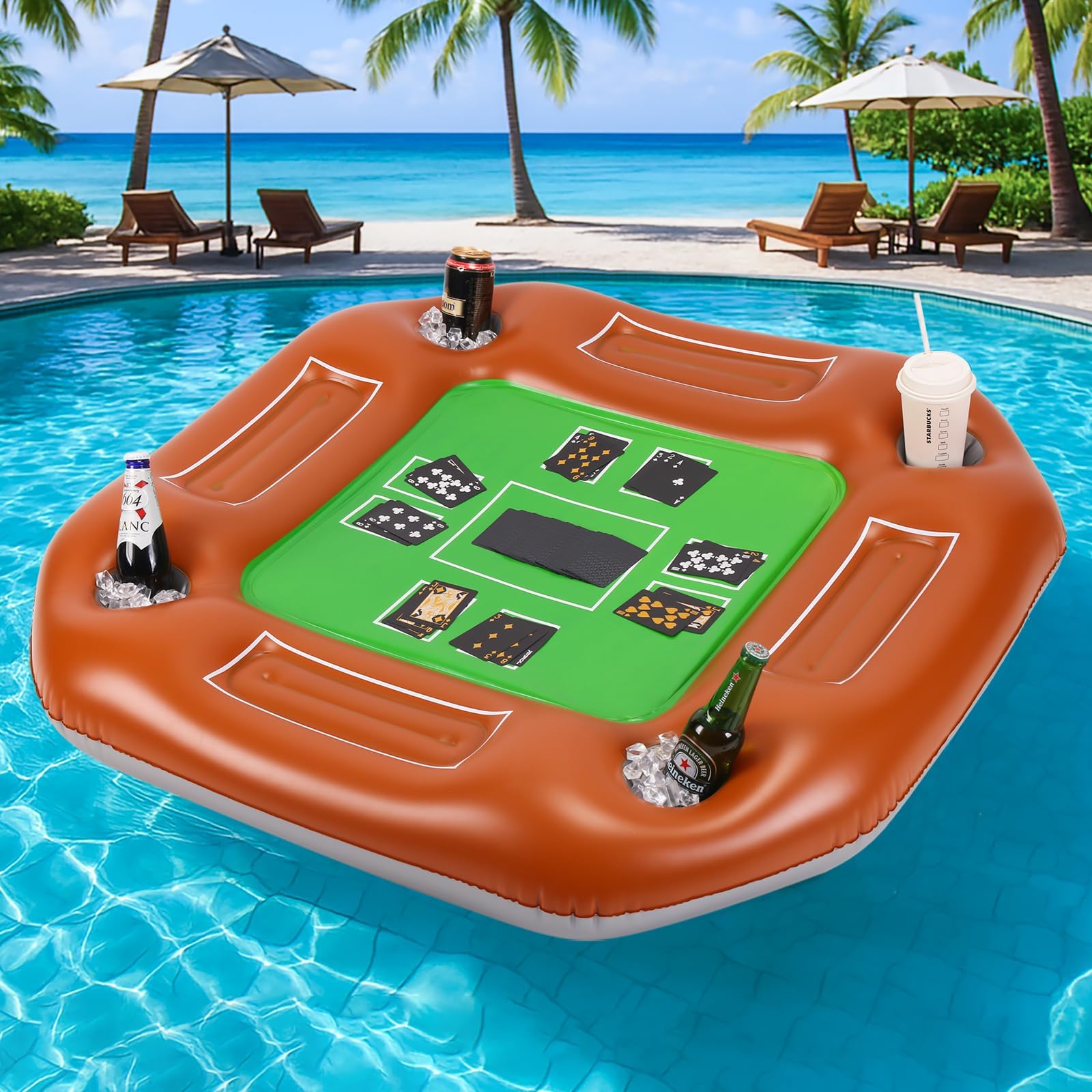 フローティングプールゲームテーブル 両面デザイン ポーカースタイル トップドリンクスナックトレイ 丈夫なポリ塩化ビニル製 39.4インチ プールパーティー ホットタブ ビーチギャザー用