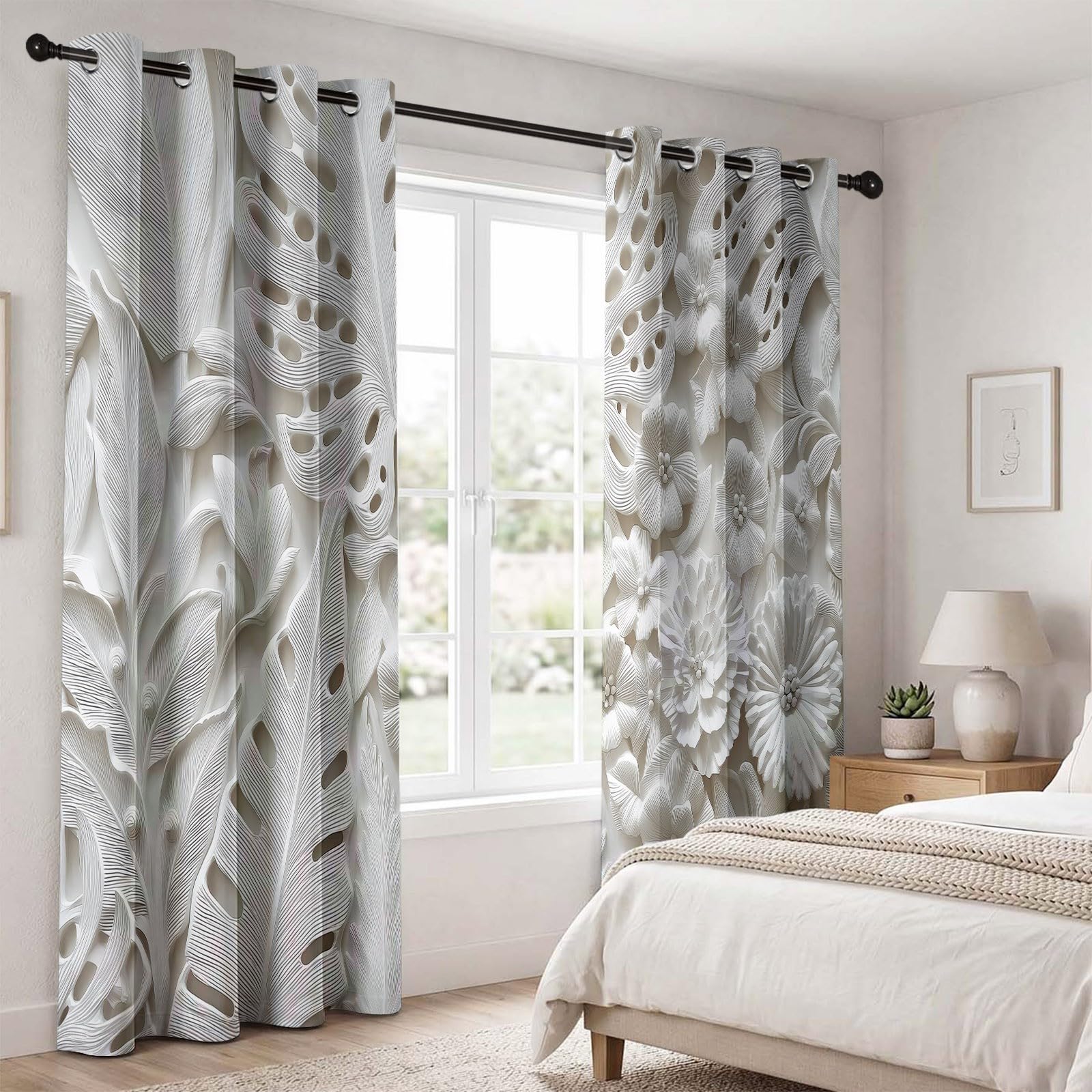 Rideau occultant à Motif de Feuilles De Monstera Minimalistes, Plante Rideaux œillets Isolation Thermique Traitements fenêtre à œillets pour Chambre À Coucher, 91.5L X 160H cm (2 Panneaux), Blanc