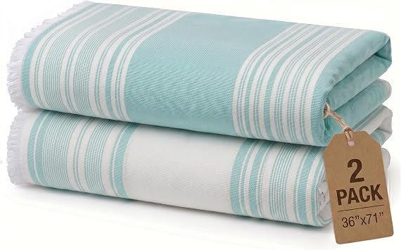 Maisonette Turkish Beach & Bath Towels - 2 Pack 36"x71", Quick-Dry Cotton Peshtemal for Bath, Beach, Travel, Absorbent, Lightweight, Bathroom, Hammam, and Spa Towels with Eyelash Fringe, Green