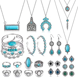 26 Pcs Boho Jewelry Set for Women Bohemian Layered Western Necklace Stackable Turquoise Ring Turquoise Hoop Dangle Earrings Studs