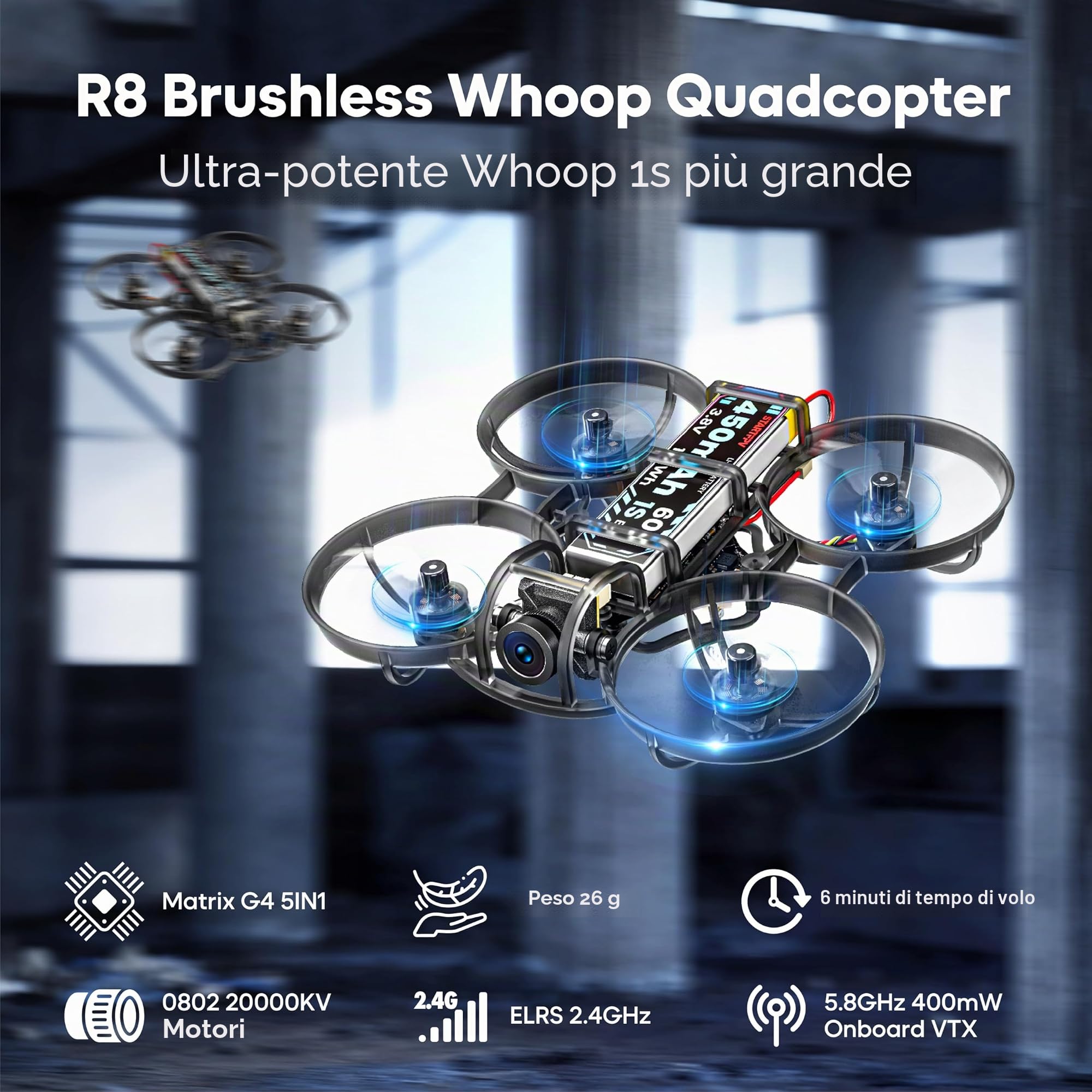 R8 ELRS Tiny Whoop Quadcopter,Ultralight 1S 80mm Micro FPV Drone BNF con 2 batterie Fly12 Mins per FPV Freestyle Racing indoor, Matrix G4 5IN1 FC,FOV160°,0802 20000KV Motore brushless