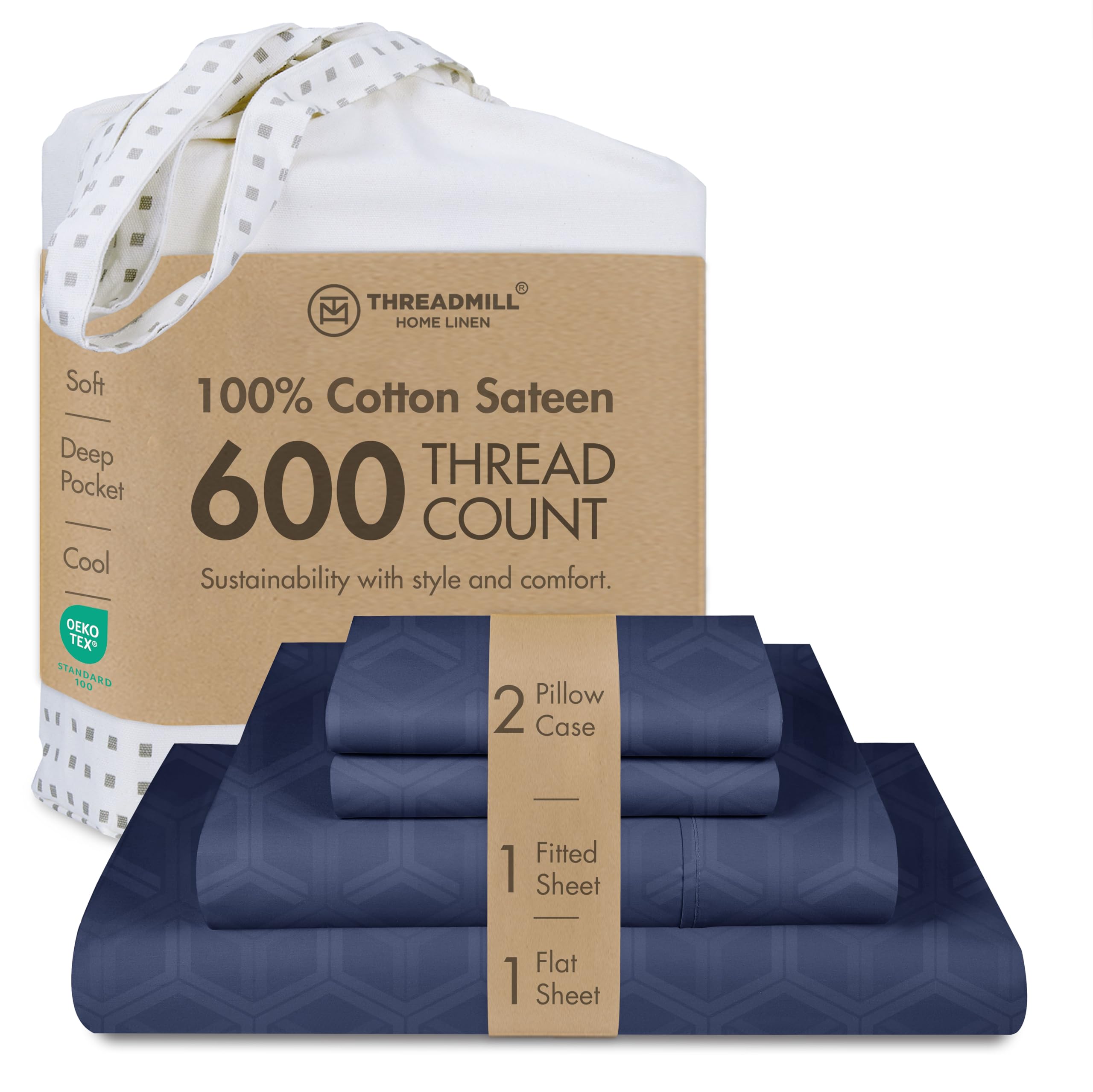 Threadmill Sábanas 100% algodón para Cama de tamaño matrimonial, Juego de sábanas de 600 Hilos con Bolsillo Profundo de 16 Pulgadas, Juego de Ropa de Cama de 4 Piezas con Tejido de satén Jacquard con