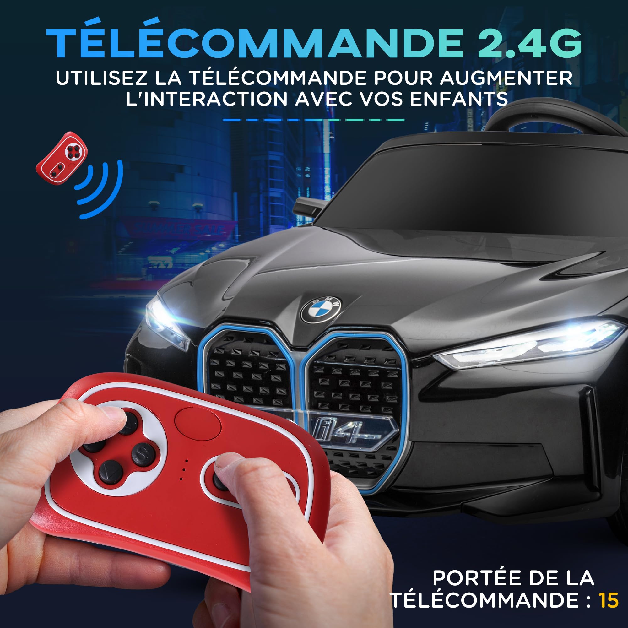 HOMCOM Voiture Électrique Enfants Licence BMW I4 12V 3-5 km/h Noir | Voiture à Batterie, Véhicule Électrique, Télécommande, MP3 Musique, Affichage, Lumières, Ceinture de Sécurité
