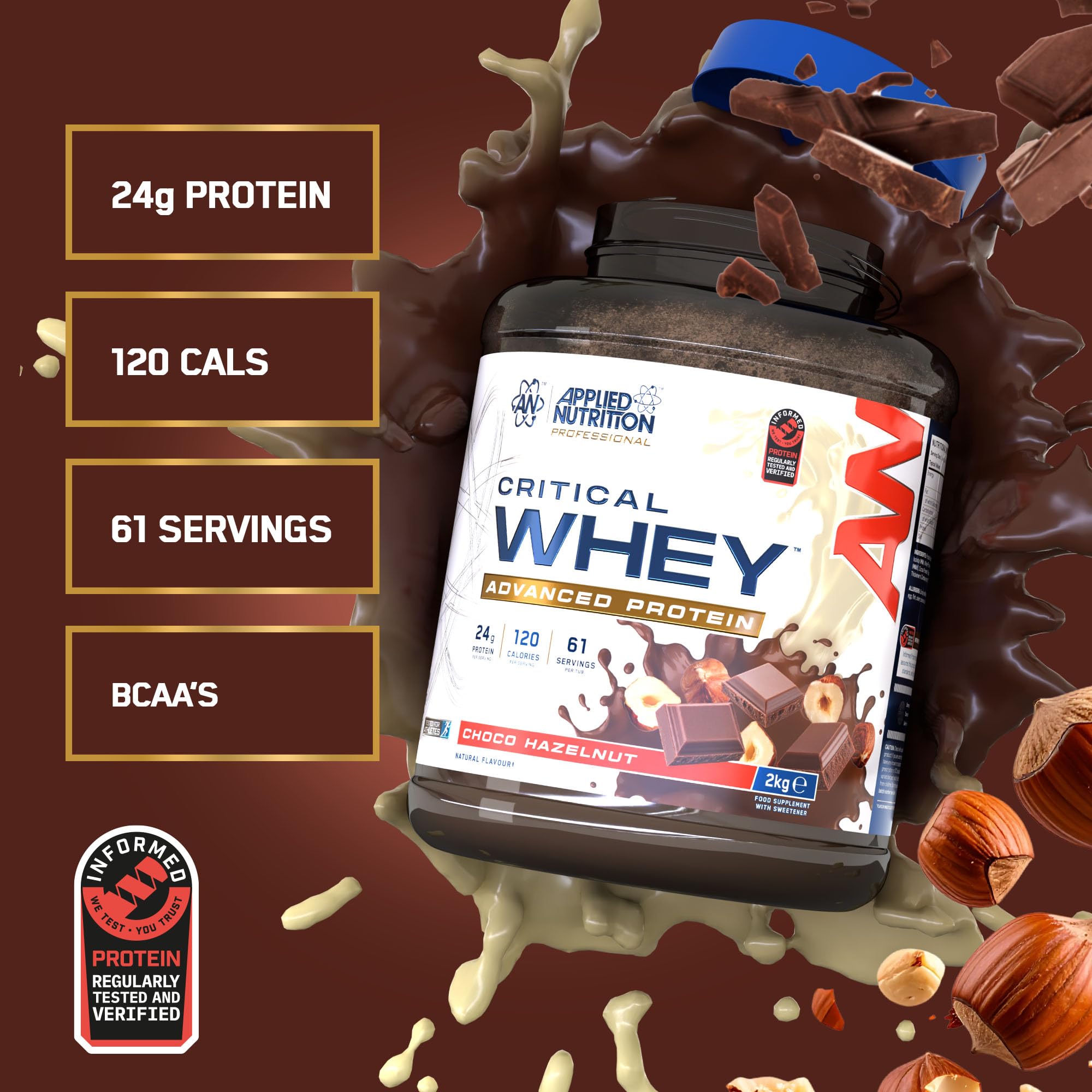 Applied Nutrition Critical Whey (2000g) Choco Bueno/Choco Hazelnut - Białka - Mieszanka białek serwatkowych | Wysoka zawartość białka suplement – czekoladowo-orzech laskowy
