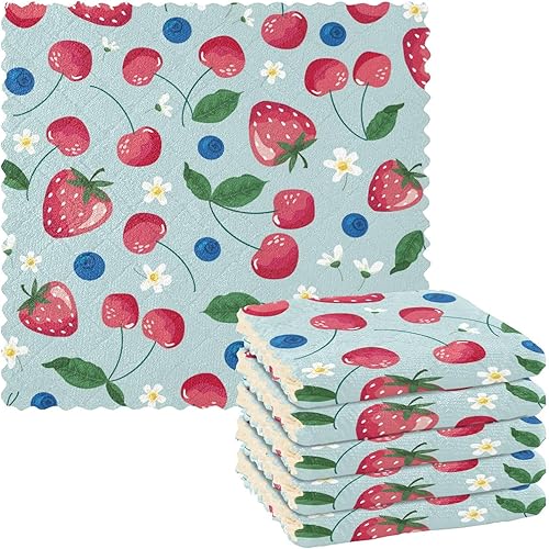 Fruits Strawberry Cherry Quality Decorative Towels for Drying Dishes Quick Dry Set of 6 Flour Sack Kitchen Towels for Countertop Table