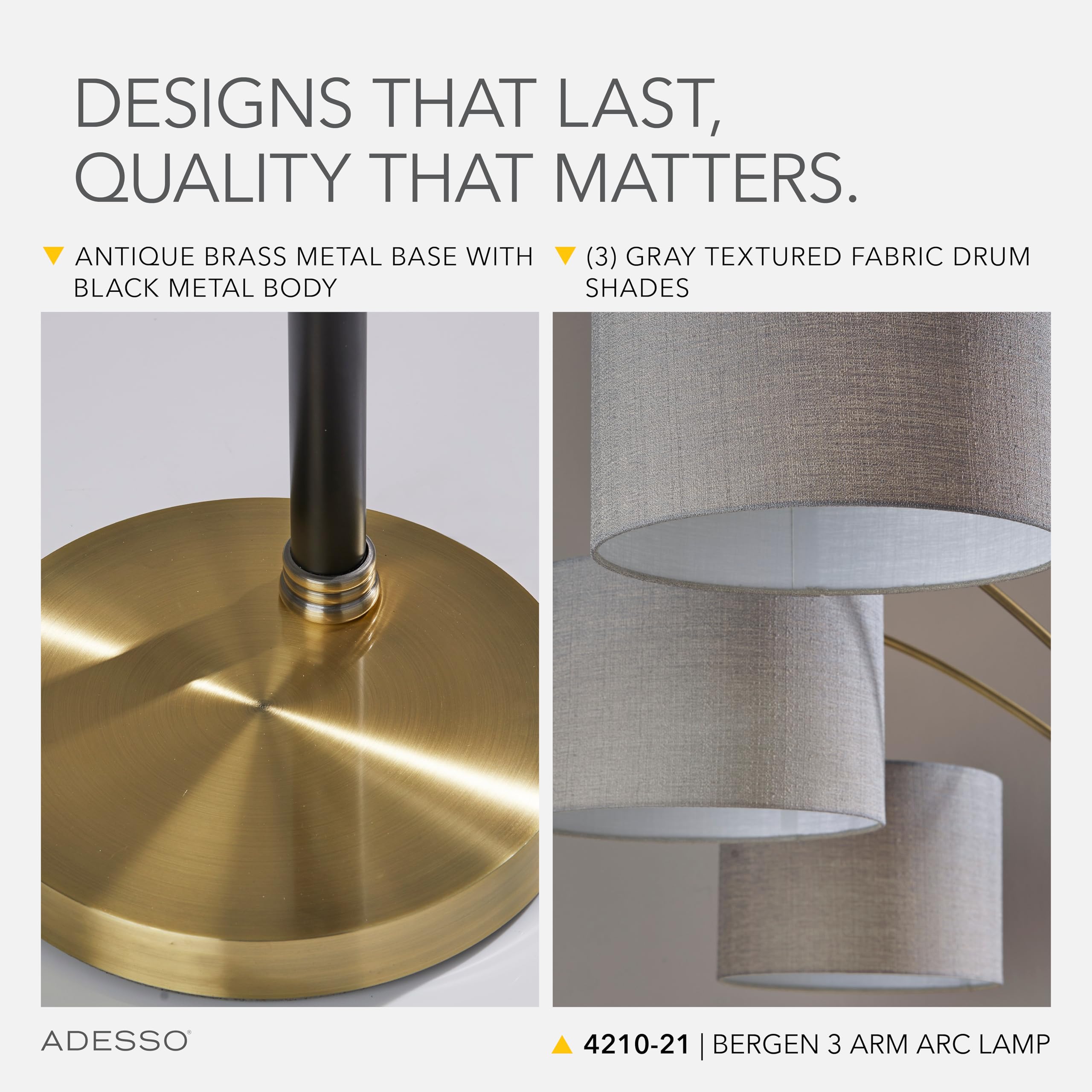ADESSO 3-Arm Arc Floor Lamp with Black and Antique Brass Base