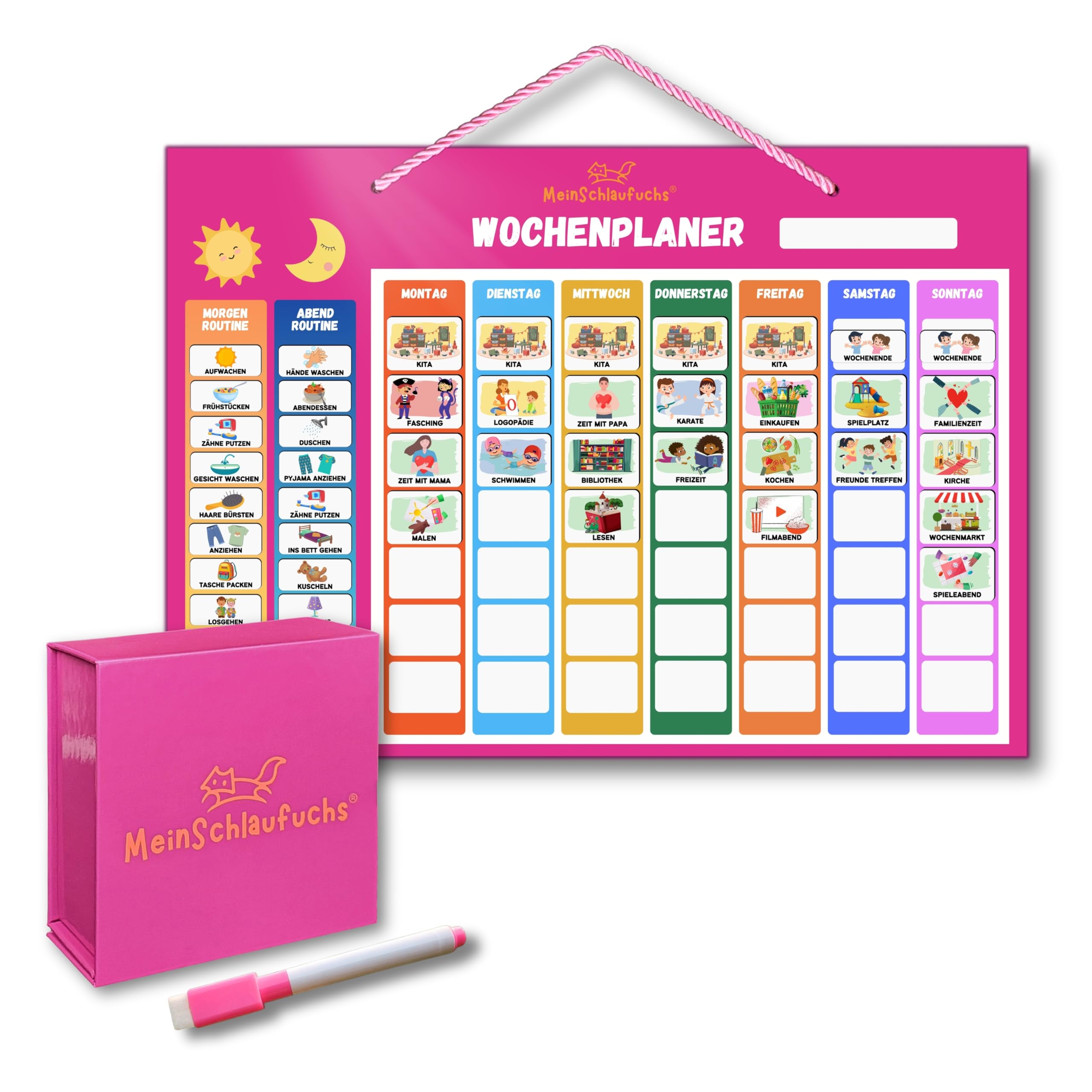 MeinSchlaufuchs® Wochenplaner Kinder - Montessori Magnettafel inkl. 250 Magnete, Aufbewahrungsbox, Kordel & Stift - 2-in-1 Wochenplan & Routineplan - Morgenroutine & Abendroutine für Kinder (Pink)