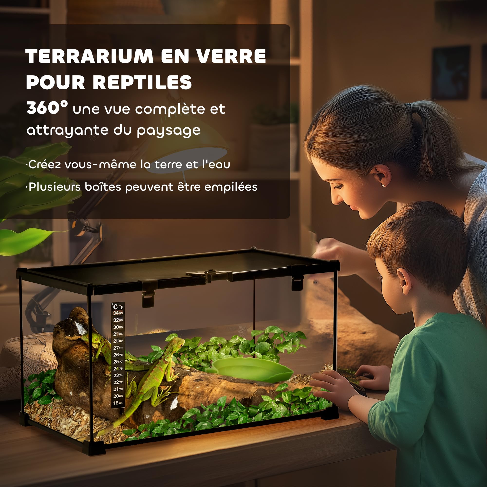 PawHut Boîte à Reptiles boîte d'élevage de Reptiles Habitat de Terrarium Transparent Couvercle Coulissant Treillis métallique Distributeur d'eau thermomètre Inclus Verre métal 50x30x25 cm Noir - 4