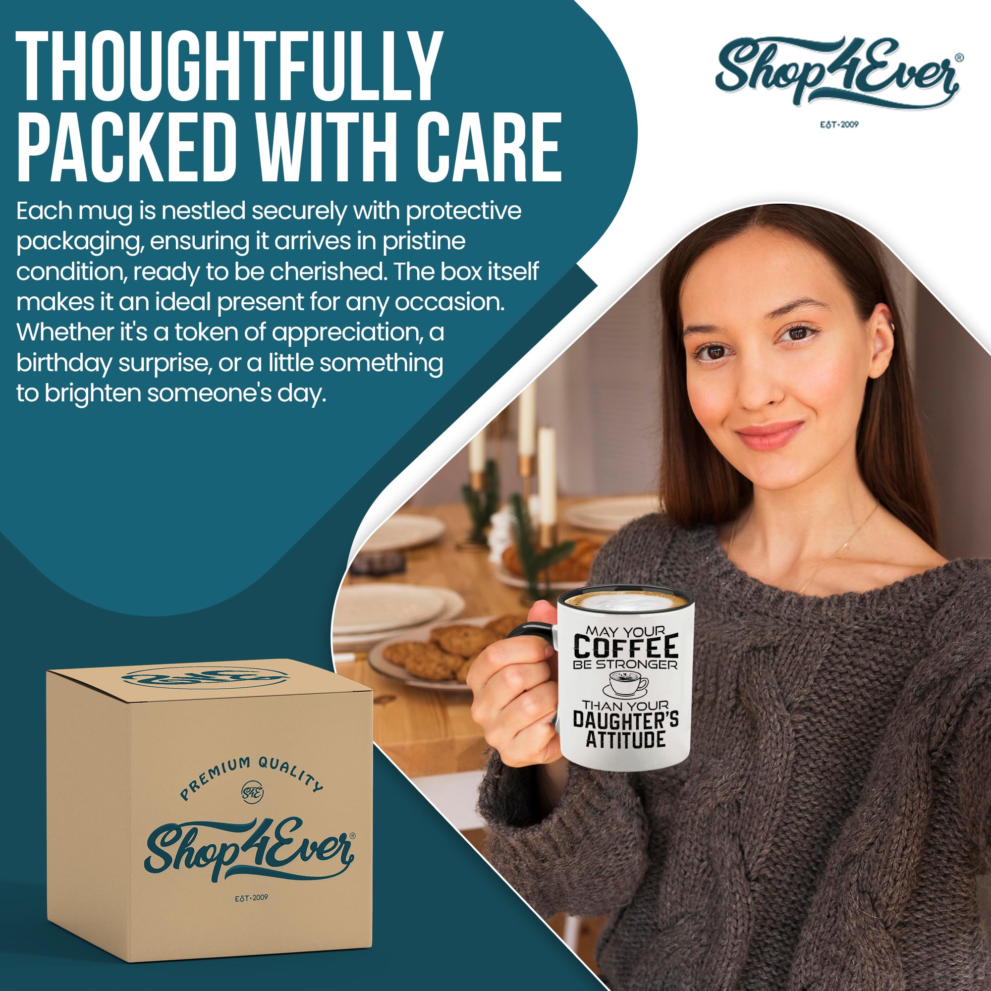 shop4ever Taza de café de cerámica con texto en inglés "May Your Coffee Be Stronger Than Your Daughter's Attitud", taza de café divertida para el día de la madre, regalo de broma, 325 ml (mango negro)