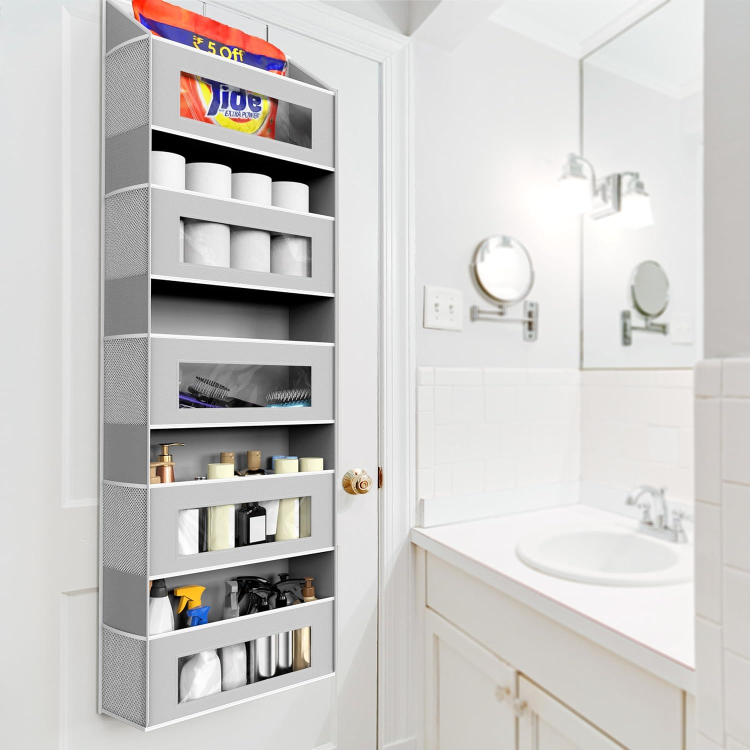 Simple Houseware 大型高耐久ドアオーガナイザー 透明ウィンドウポケット5個付き パントリー、クローゼット、バスルーム