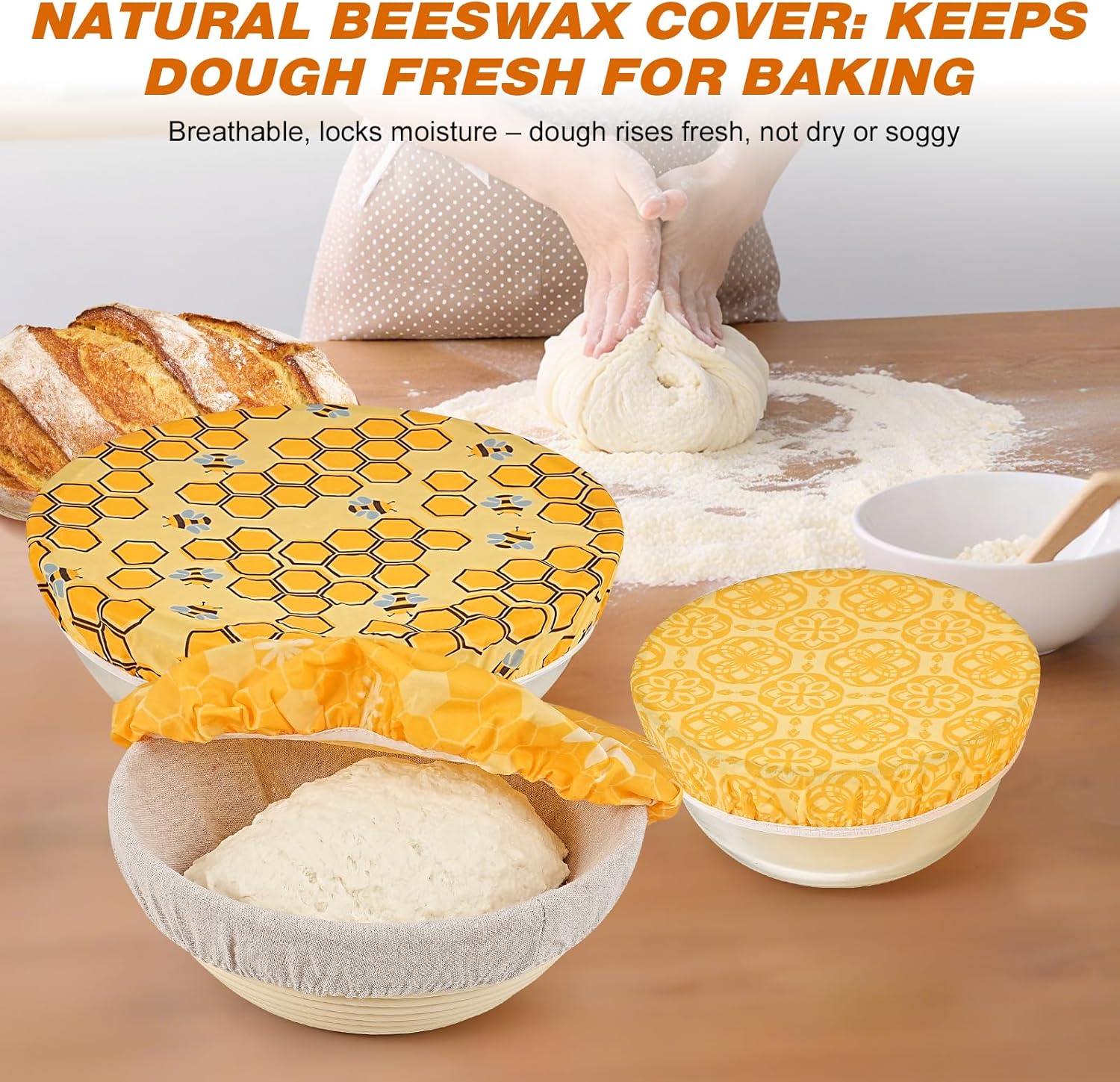 6 Pcs Beeswax Bowl Covers Reusable, Large Reusable Bowl Covers for Bread Proofing,Stretchable to Fit 8/10/12 Inch Bowls (2 Each),3 Patterns, Beeswax Wraps for Bread,Leftovers,Fruits,Salad