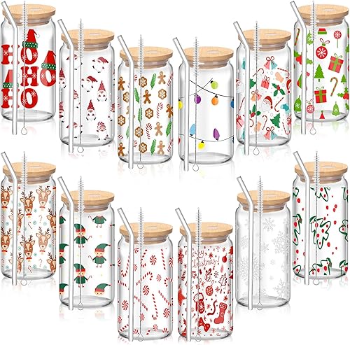 Juego de 12 vasos de Navidad con tapa de bambú y popote de vidrio de 16 onzas, taza de Navidad de café helado, tazas de café de Navidad, tazas para