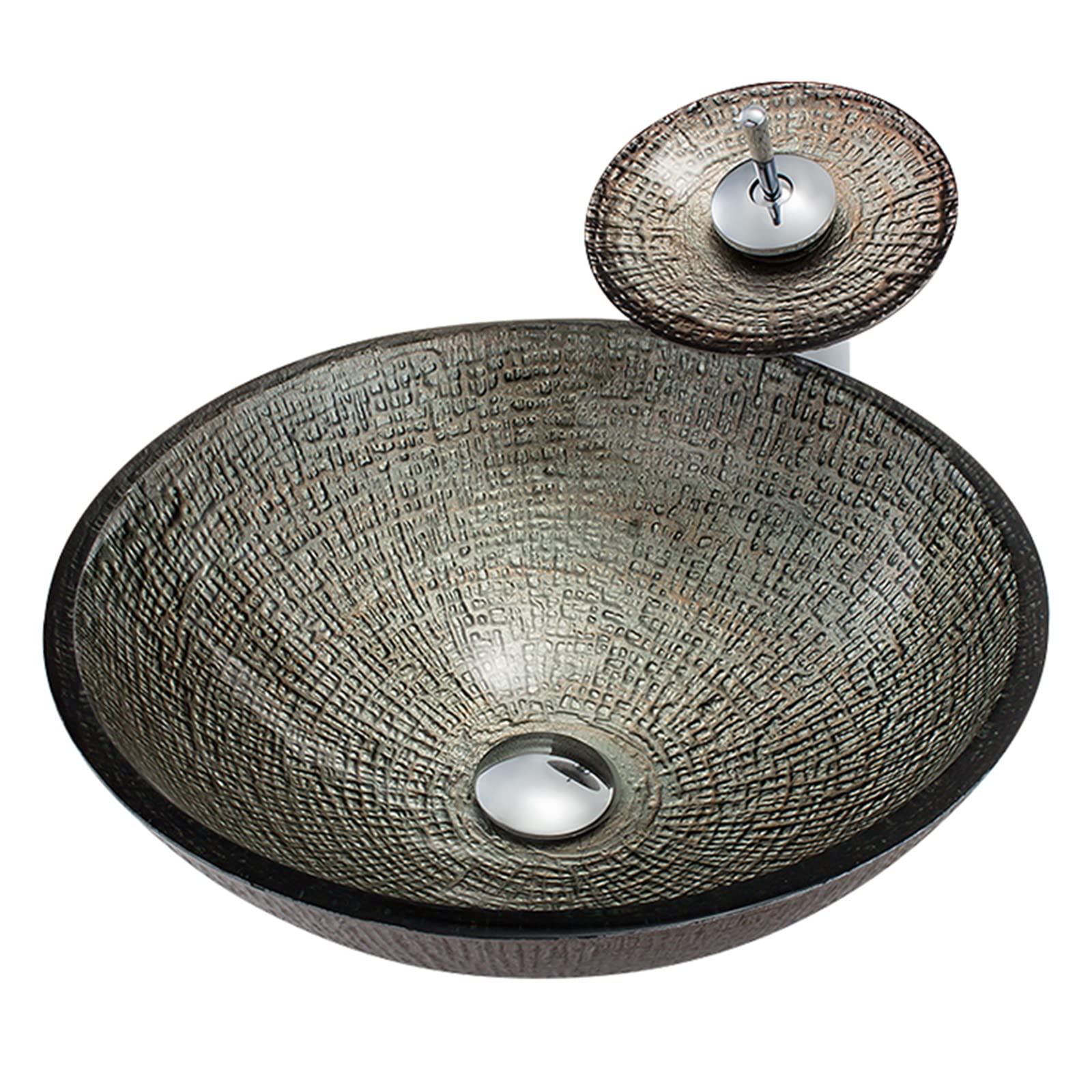 Gljtuo Dark/Gray Bathroom Vessel Sink,16.5" Tempered Glass Vessel Sink, Artistic Round Bowl Basin Sink With Waterfall Faucet And Pop Up Drain,Countertop Installation