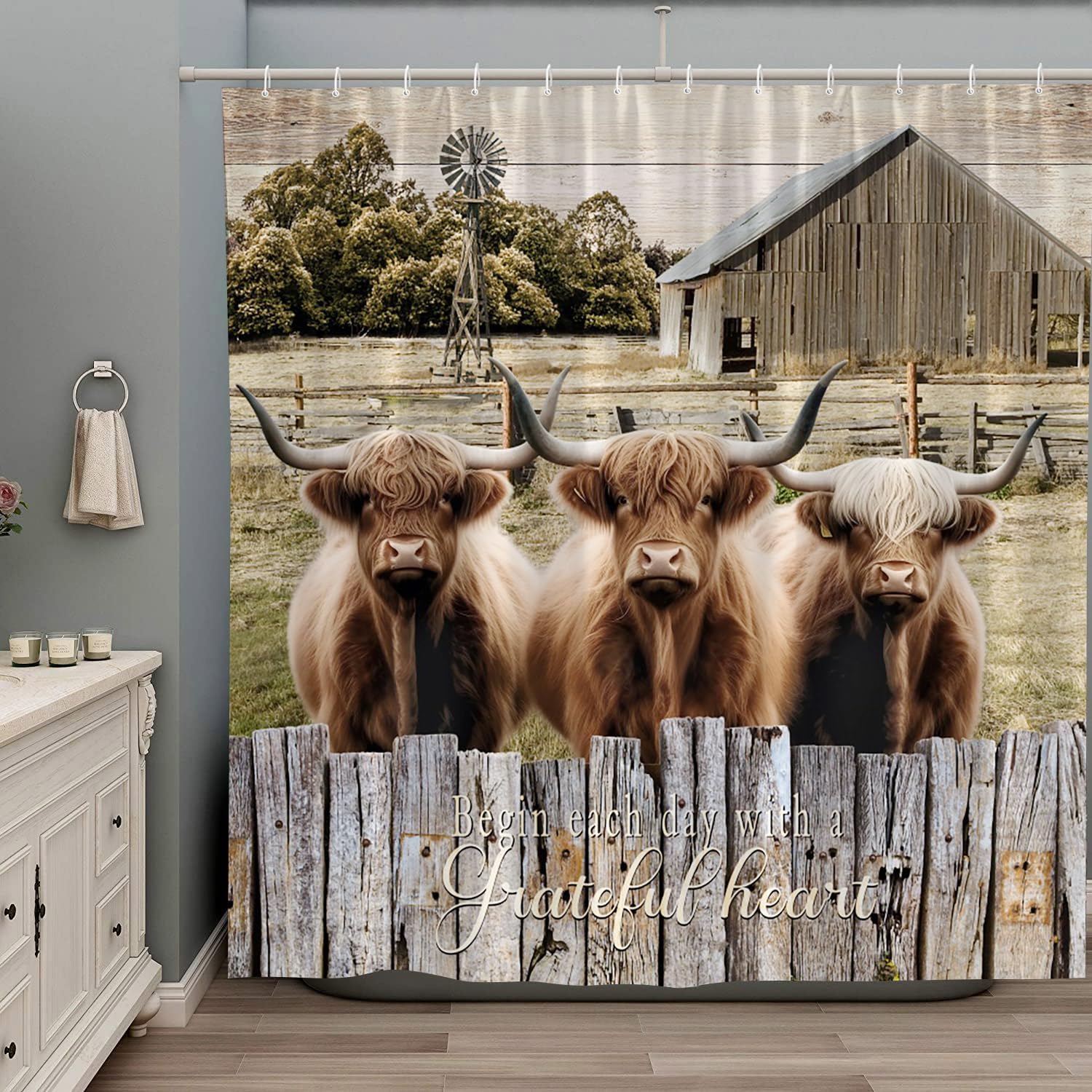 Farmhouse Highland Cows Shower Curtain Longhorn Bull Farm Animal Rustic Brown Cattle Western Country Wildlife Vintage Wood Funny Bathroom Decor Curtains Set Fabric with Hooks 70Wx90H Inch