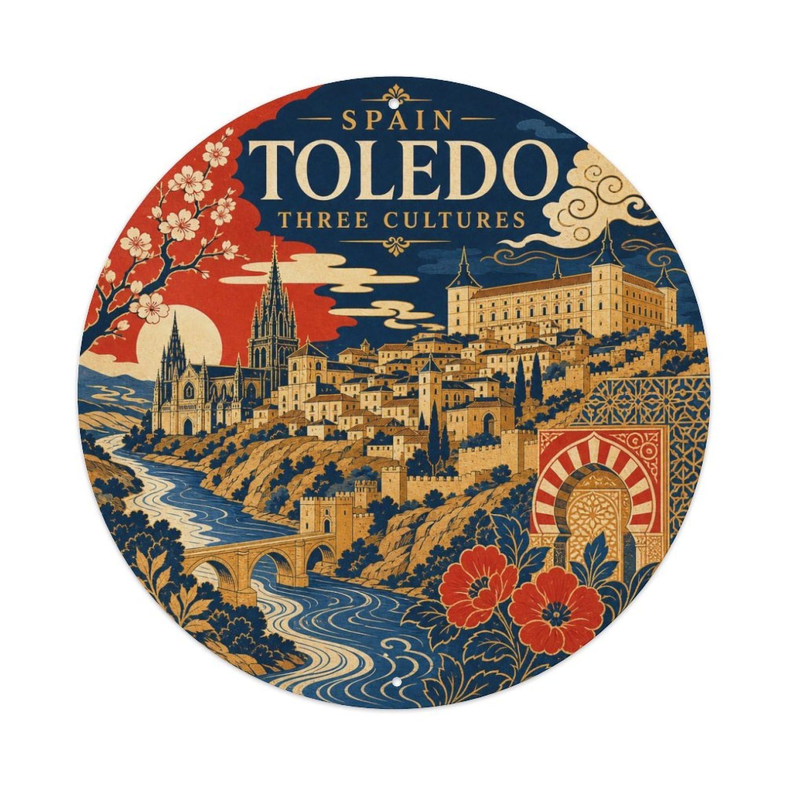 Toledo Three Cultures Spanish Woodblock Travel Landmark Metal Tin Sign Plaque Wall Decor for Cafe, Man Cave, Club Bar, Office, Home Garden Round Metal Poster 8x8Inch