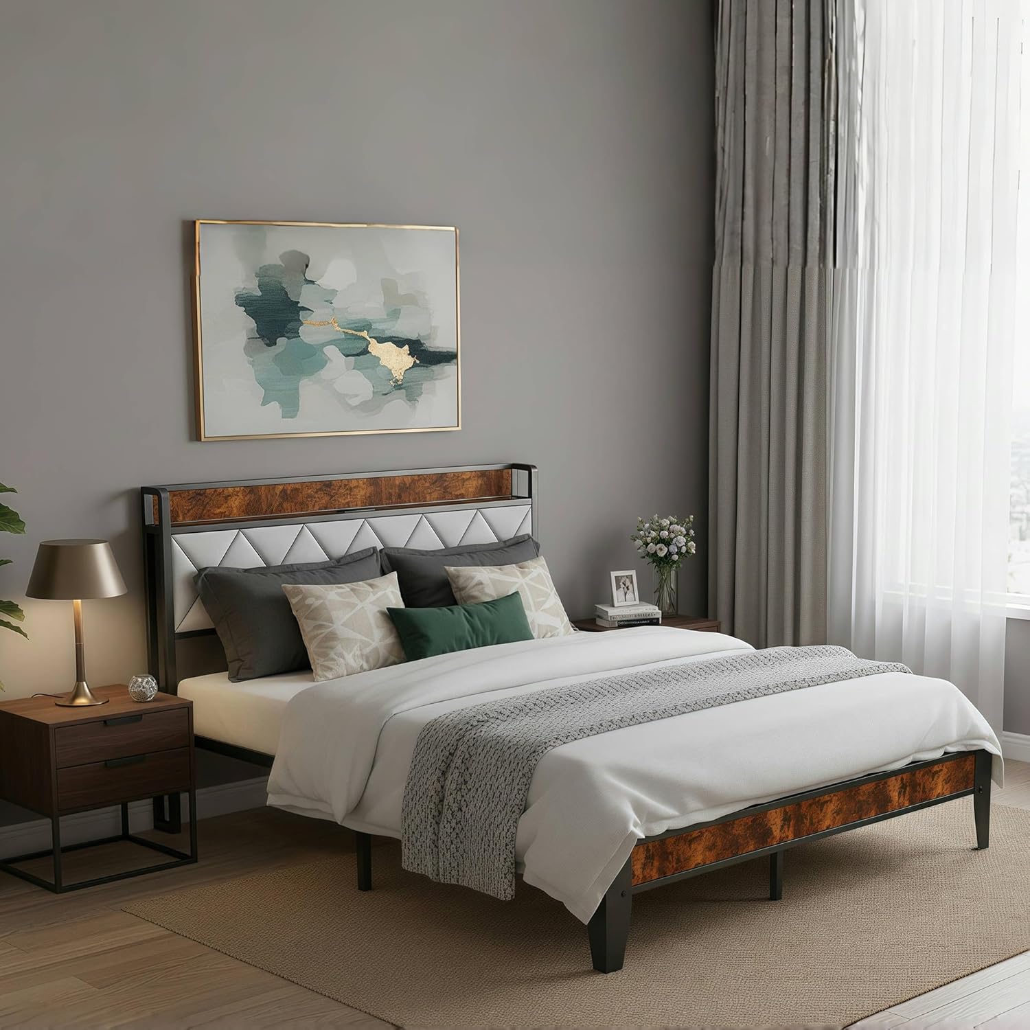 Metal Bed Frame Queen Size with Charging Station & Upholstered Headboard, Heavy Duty Metal Platform Bed Frame No Box Spring Needed, Easy Assembly, Noise-Free, Black