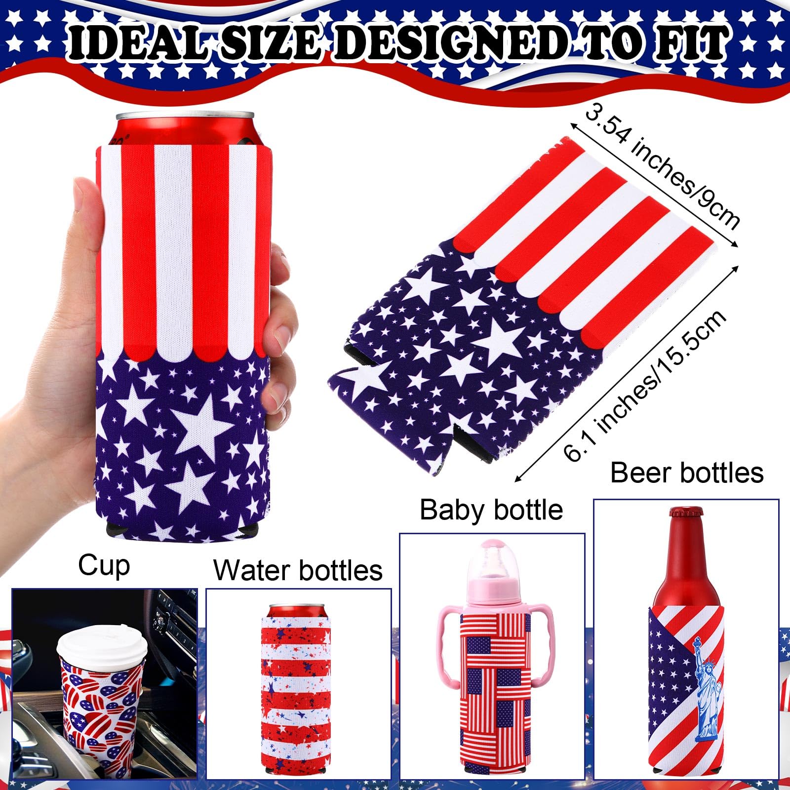 Pickmesh 16 Pcs 4th of July Can Coolers Sleeves Patriotic America Slim Soda Beer Drink Cooler Sleeve Independence Day Memorial Day Insulated Neoprene Bottle Cup Drink (Long Style,6.1 x 3.54 Inches)