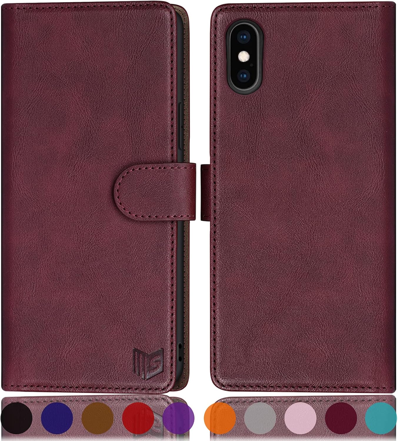 SUANPOT for iPhone X/XS 5.8inch(Non XS Max 6.5") with RFID Blocking Leather Wallet case Credit Card Holder, Flip Folio Book Phone case Shockproof Cover for Women Men for Apple X/Xs case Wine Red