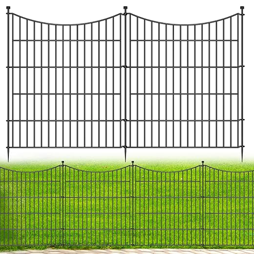 5 Panels 32 in(H) X 12ft(L) No Dig Decorative Outdoor Garden Fence for Yard, Animal Barrier Fencing Rustproof Metal Wire Panel Border for Dog, Rabbits, and Patio Temporary Ground Stakes Defense