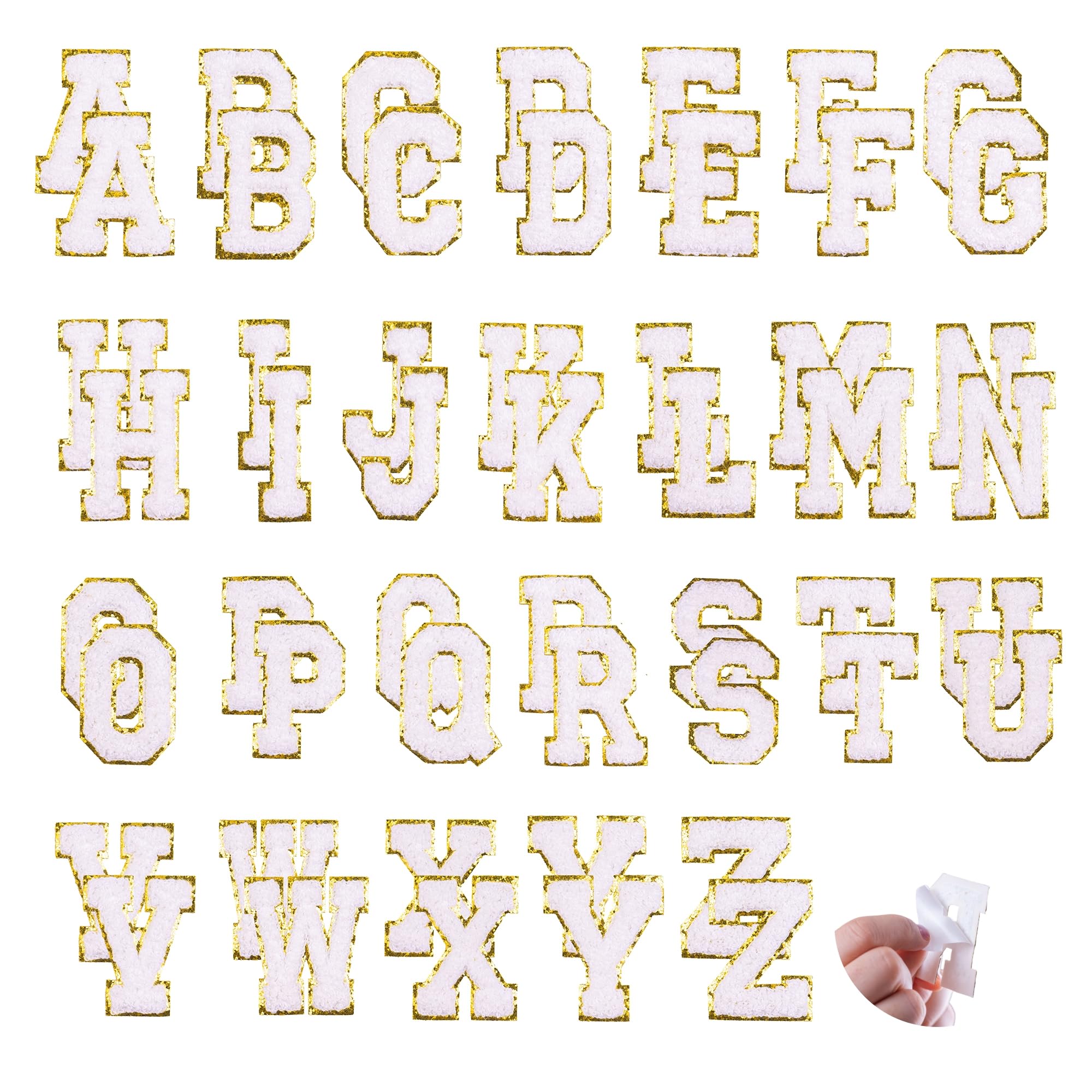 Y.TAO 52Pcs White Chenille Letter Patches with Gold Trim | Self-Adhesive No Iron Preppy Varsity Initial Stickers, 2.17in, 2 Full A-Z Sets for Jackets
