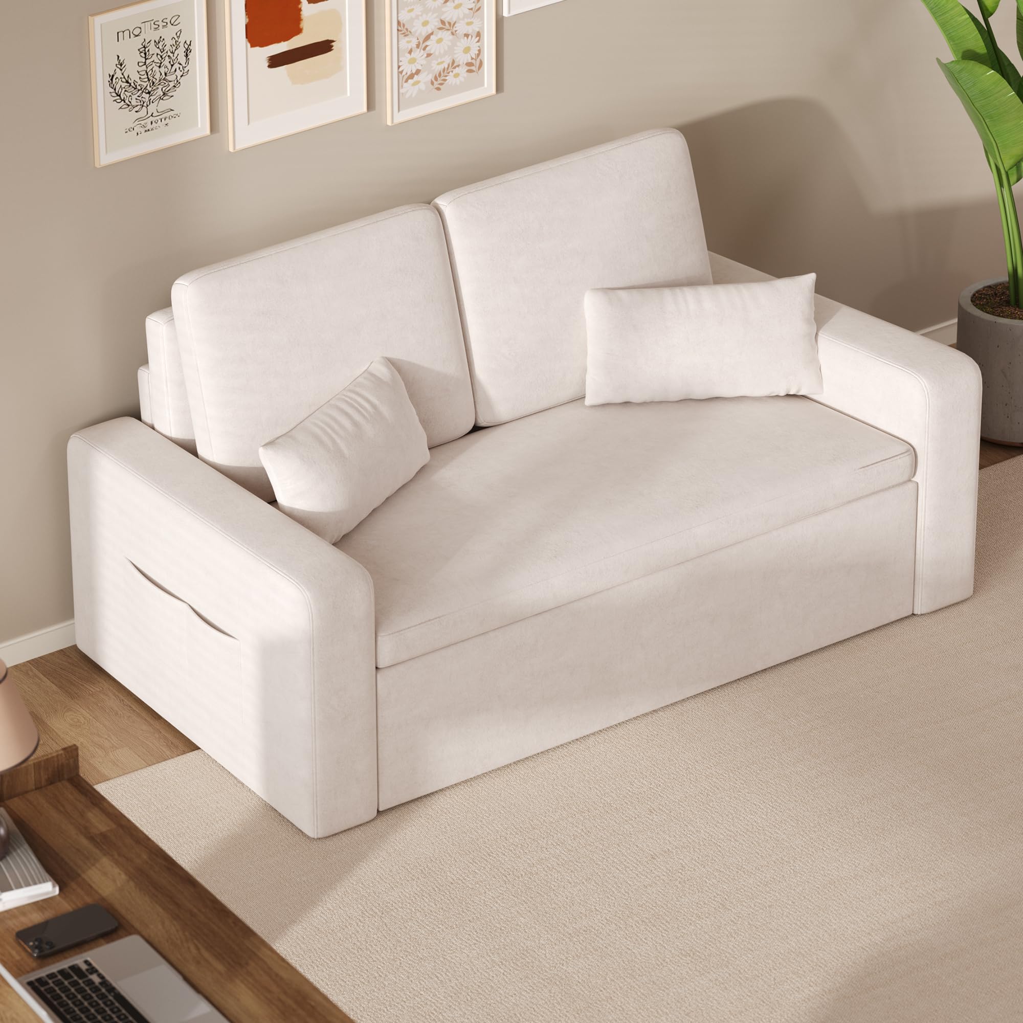 Xbro Sofa Cama 2 Plazas, Sillón Convertible 3 en 1 con Cama, Dos Bolsillos de Almacenamiento, Tapizado en Terciopelo, 147 x 196 x 87cm, Incluye Dos Cojines,Beige