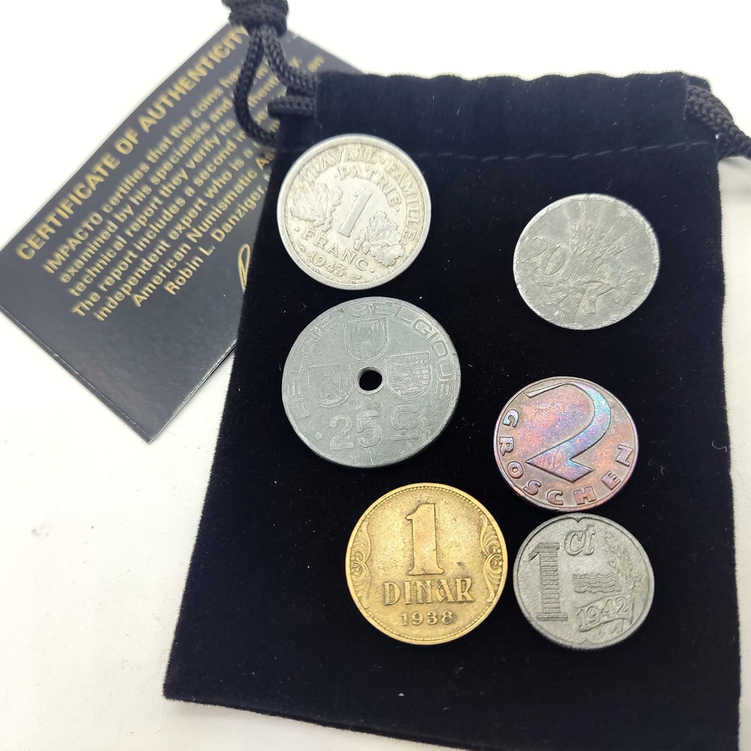 IMPACTO COLECCIONABLES WW2 World Currency - 6 Coins Used During The World War 2 by The Germans, Territories They Occupied (1925-1945) Memorabilia for Collector, Certificate of Authenticity Included