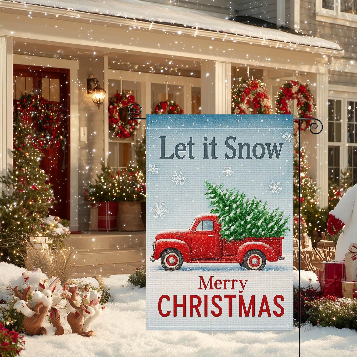 Snow Garden Flag 12x18 Inch Red Truck With Christmas Tree Burlap Double-Sided Winter Scene Seasonal Outdoor Holiday Banner Snow Merry Christmas Flag for Yard Lawn Decoration - Image 8