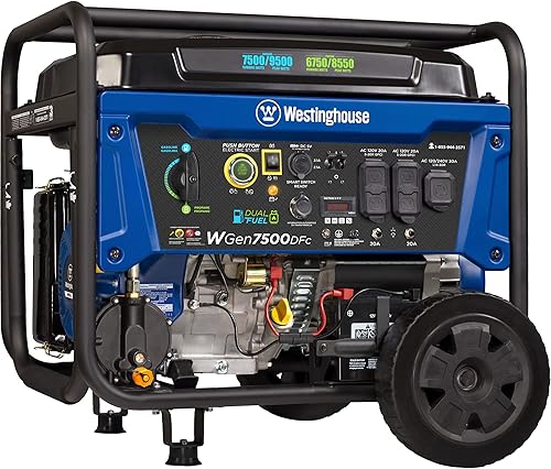 Westinghouse - Generador portátil WGen7500DFc para exterior dual gasolinapropano 7500W nominales 9500W de potencia máxima arranque eléctrico