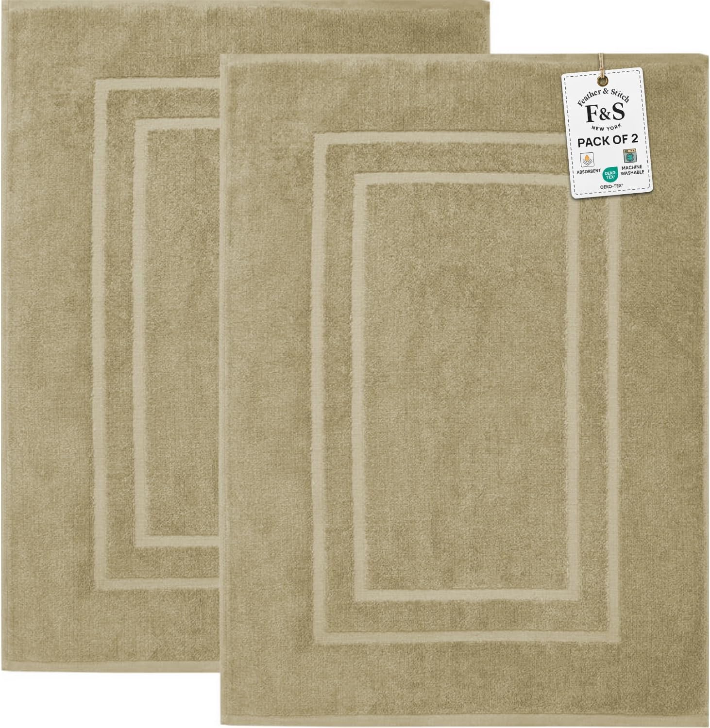 Feather & Stitch 2-Pack 30x21 Inch 100% Cotton Terry Bath Mats - Soft Absorbent Quick-Dry Linen Bathroom Mats