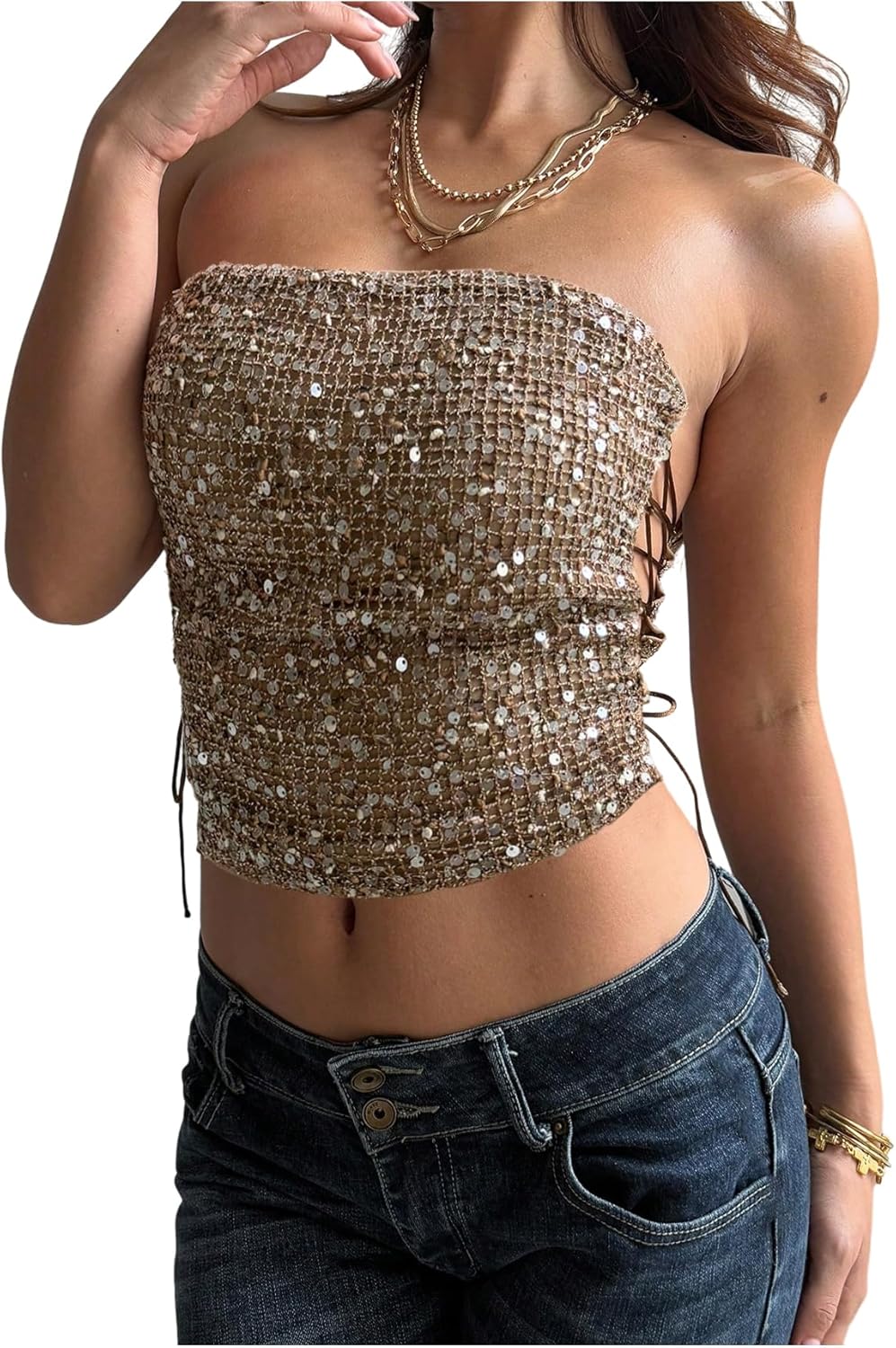 WDIRARA Women's Sequin Crochet Tube Top Lace Up Side Strapless Bandeau Crop Tops Rave Clubwear