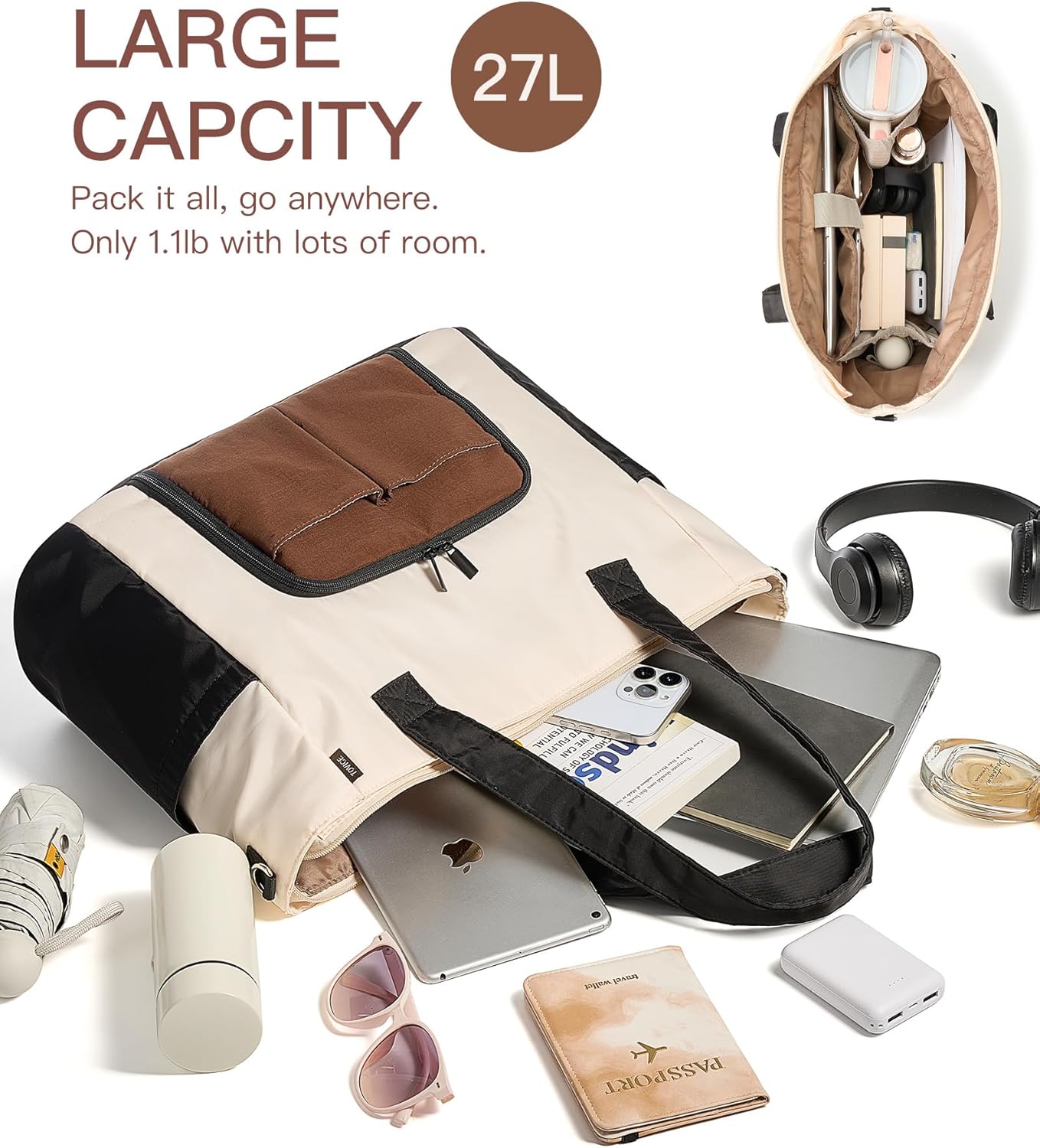 Tote Bag with Stanley Cup holder & Laptop Compartment, Work Bag for Women With Zipper & 2 Cup Compartments Inside for Travel, Nurse, Camping, 27L, 15.6" Laptop - Image 4