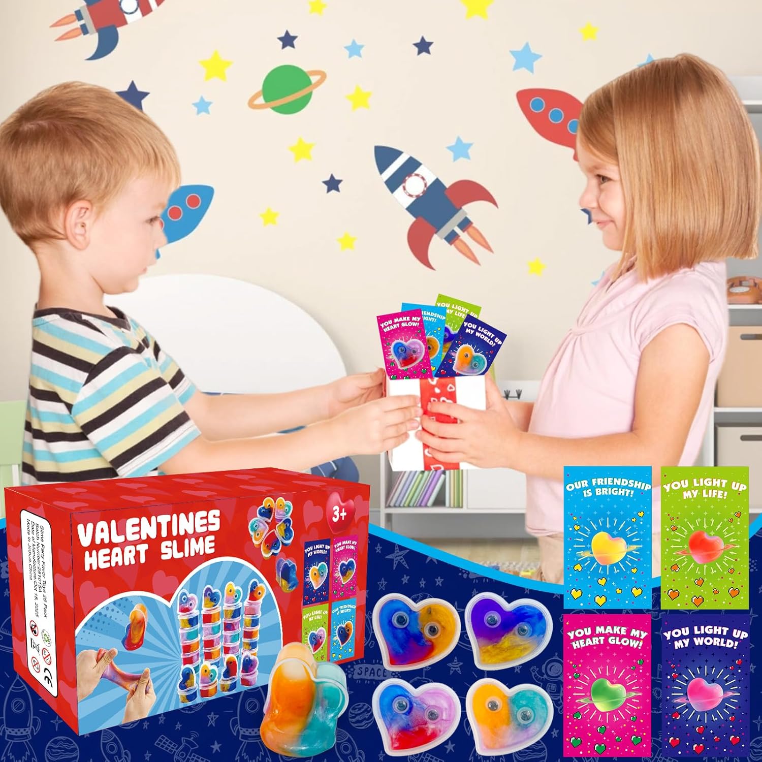 28 Packs Valentines Day Gifts for Kids, Valentines Galaxy Hearts Slime with Valentines Cards Stress Relief Fidget Toy School Classroom Prizes Exchange Gifts for Kids Boy Girl Valentine Party Favors