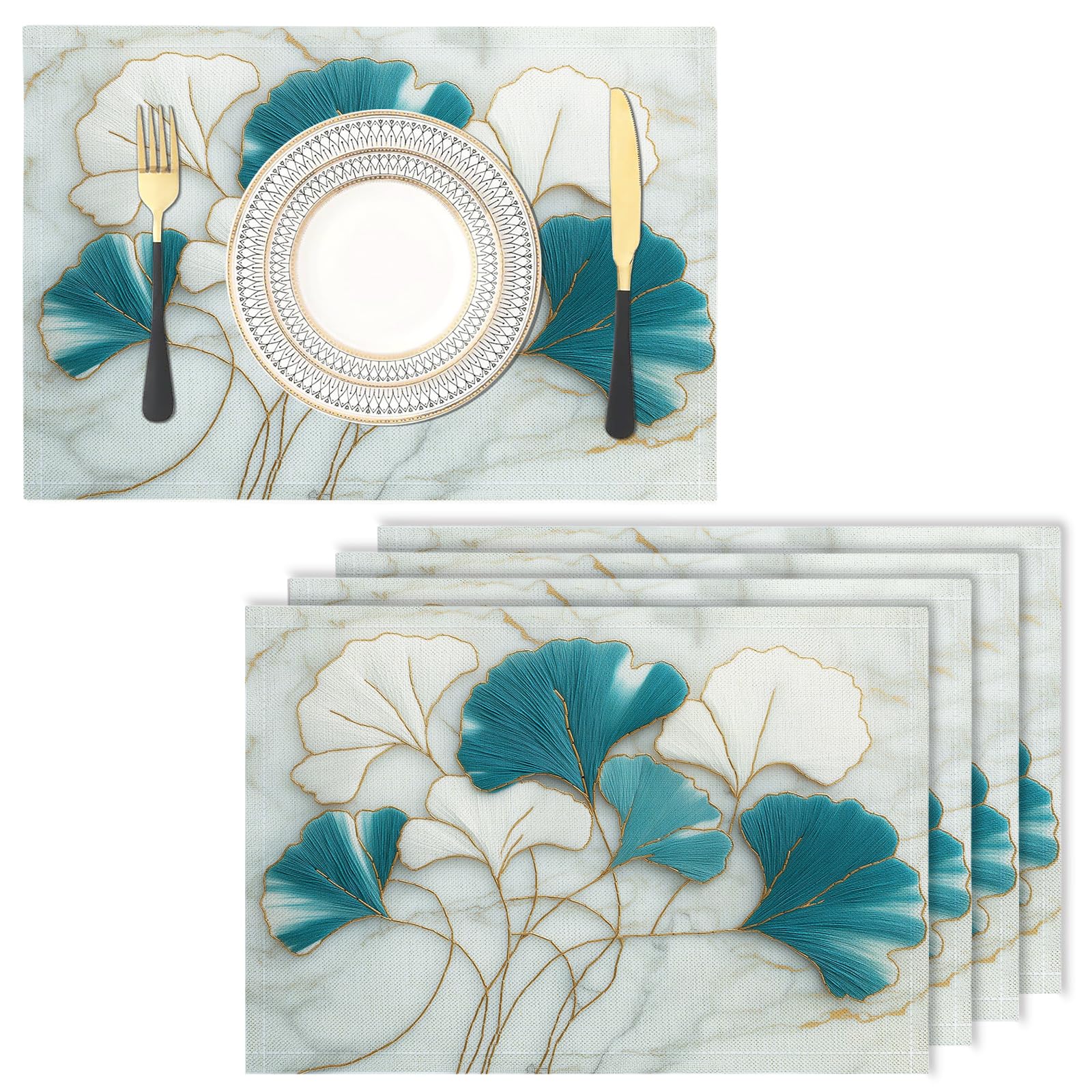 Placemats Washable Set of 8-30 x 45 cm line Placemats, Ginkgo leaves Cotton Linen Hemstitch Place Mats for Table, Kitchen, Dining