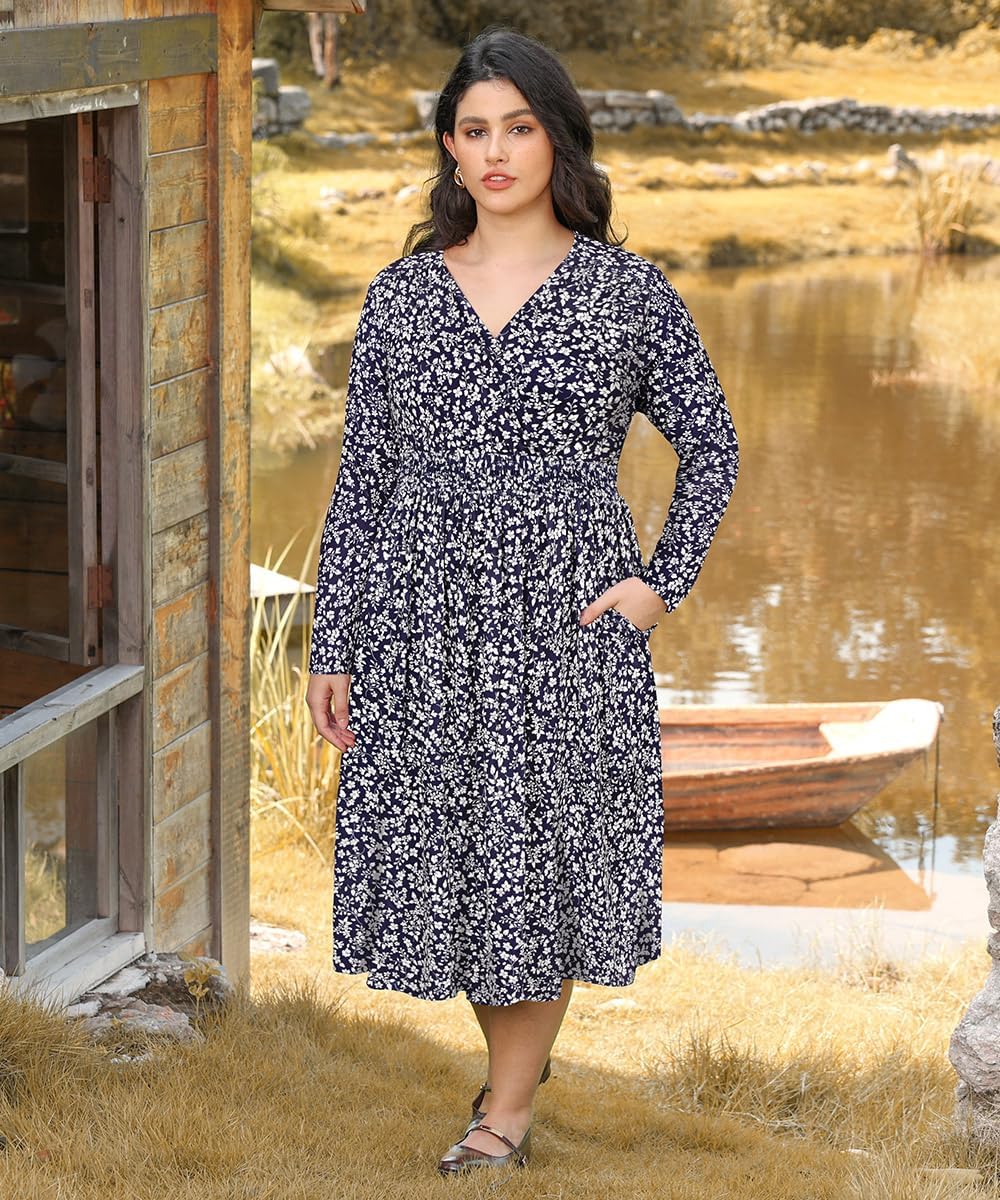 CARCOS Plus Size Dresses for Curvy Women V Neck Fall Maxi Dress Long Sleeve Floral Boho Dress Smocked Waist Party Dress - Image 2