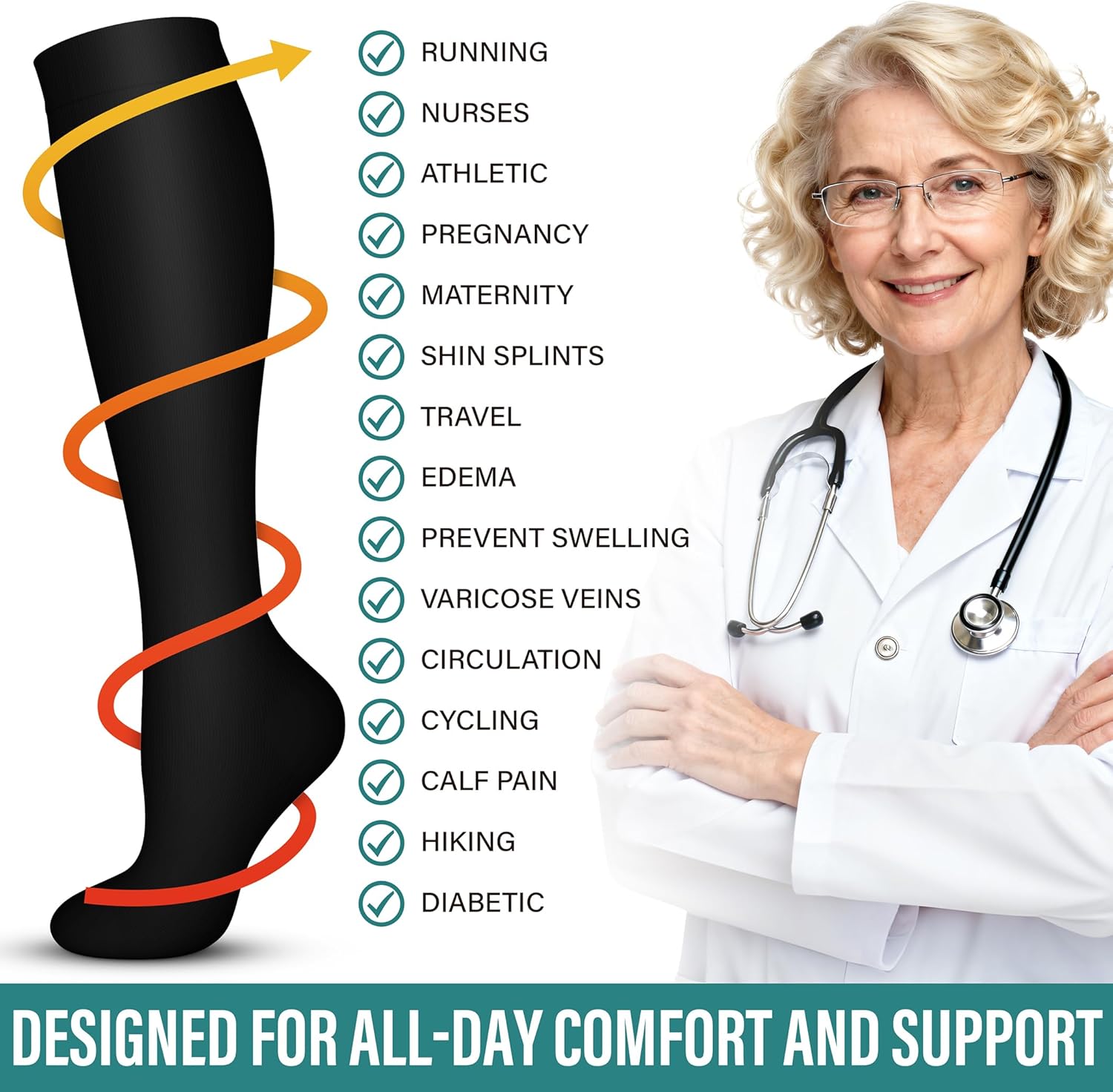 Acture 6 Pack Compression Socks for Women and Men - Knee High for Medical, Running, Nurses, Travel - Image 7