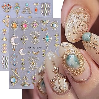 2 Sheets 5D Embossed Star Moon Nail Art Stickers Sun Rhinestones Nail Stickers Designs Nail Decals Supplies Self Adhesive Nails Sticker for Women DIY Acrylic Nail Accessories